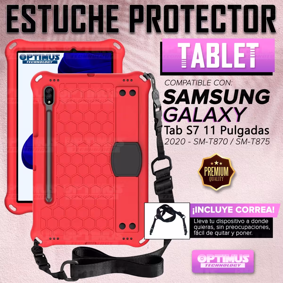 Estuche Protector con Correa Tablet Samsung Galaxy Tab S7 11 Pulgadas Wifi 2020 SM-T870 / SM-X875 Anti golpes con soporte