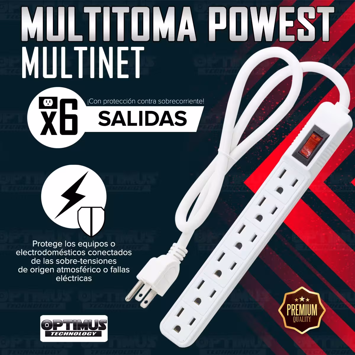 Tomacorriente Multitoma Powest Multinet 1800W 6 Salidas protección cortocircuito sobrecarga con Switch Reset Supresor de picos