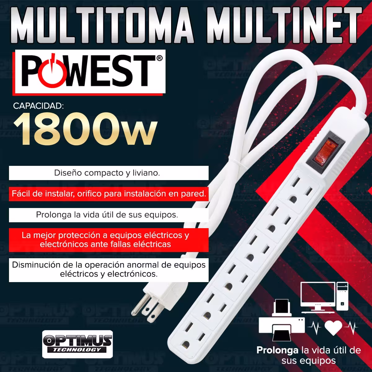 Tomacorriente Multitoma Powest Multinet 1800W 6 Salidas protección cortocircuito sobrecarga con Switch Reset Supresor de picos