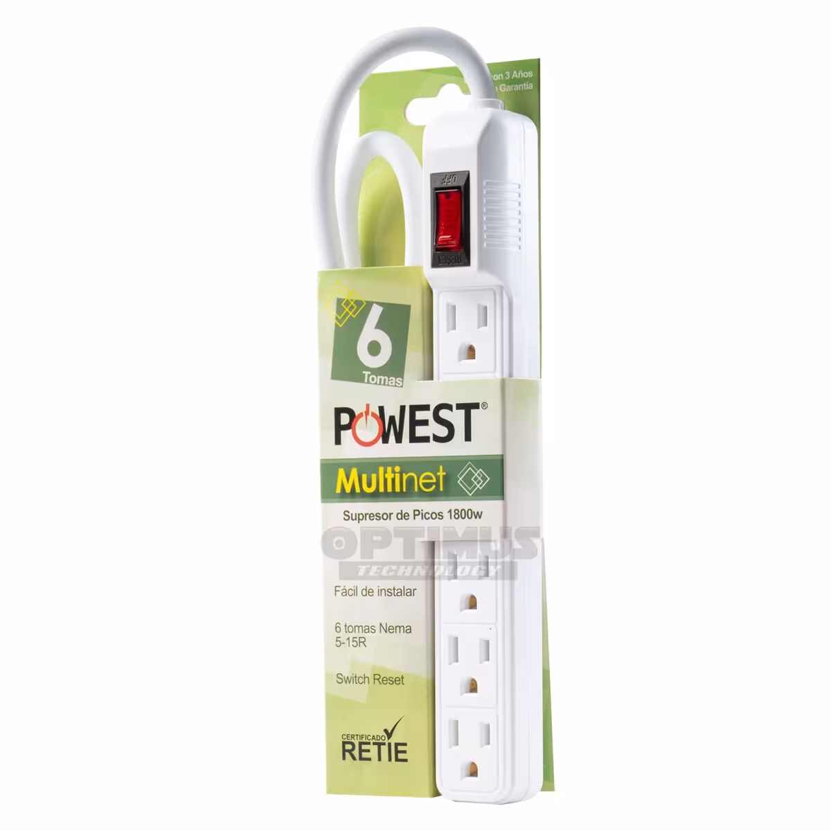 Tomacorriente Multitoma Powest Multinet 1800W 6 Salidas protección cortocircuito sobrecarga con Switch Reset Supresor de picos