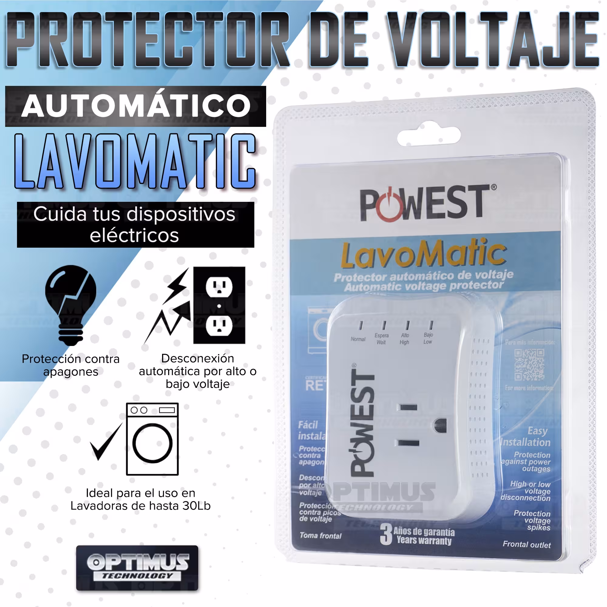 Protector regulador de voltaje automático Powest Lavomatic 120V - 10A Protección contra apagones Lavadoras de hasta 30 Libras