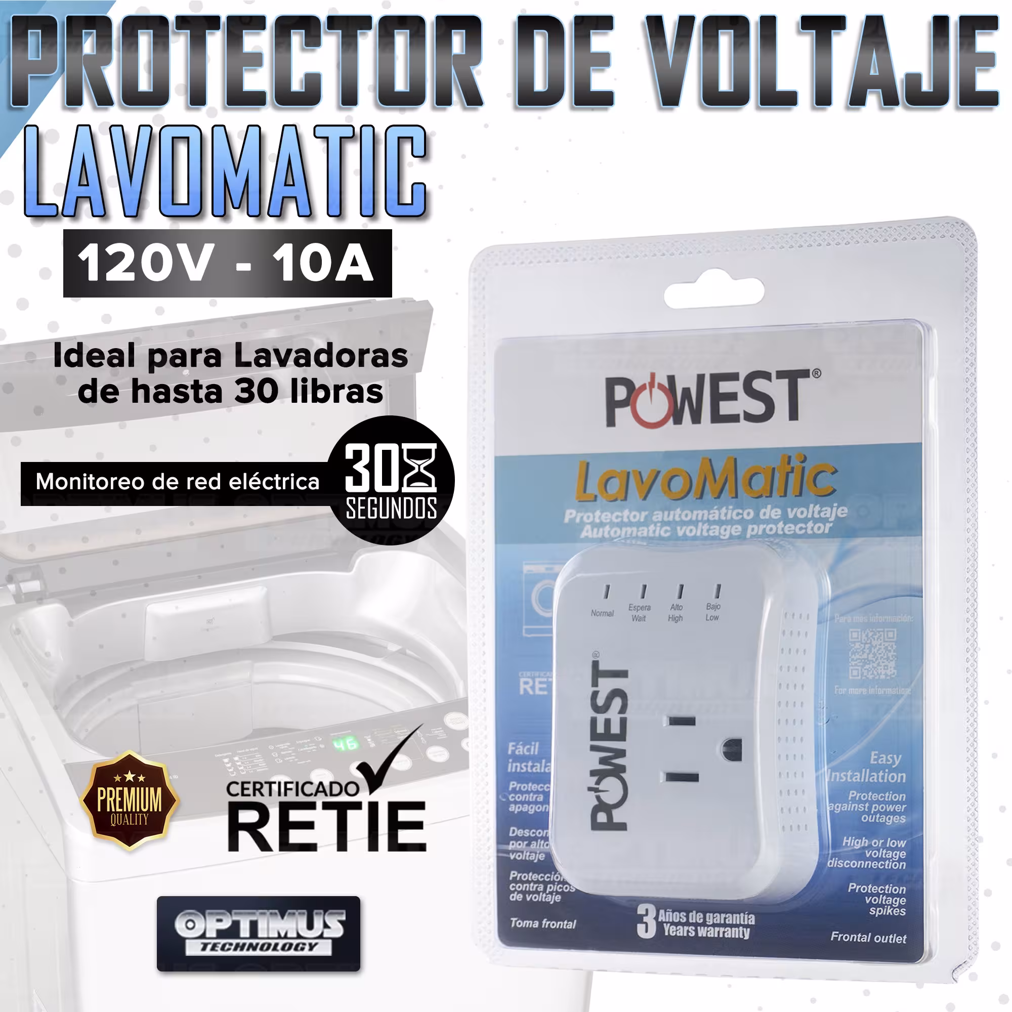 Protector regulador de voltaje automático Powest Lavomatic 120V - 10A Protección contra apagones Lavadoras de hasta 30 Libras