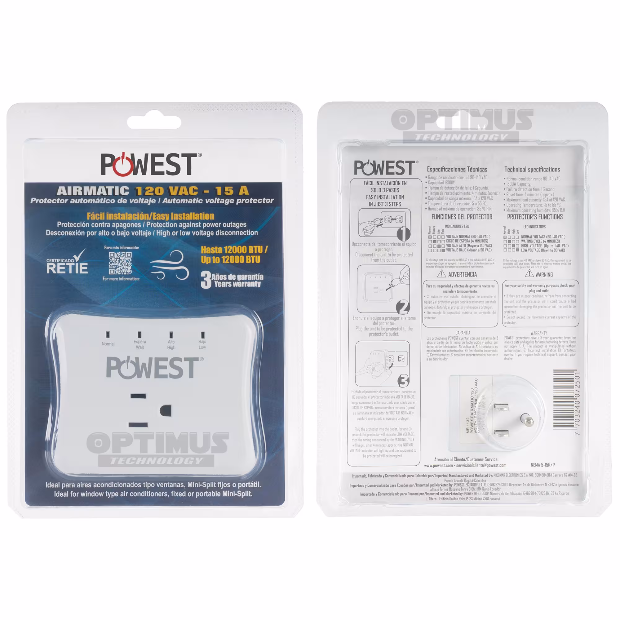 Protector regulador voltaje automático Powest Airmatic 120V - 15A Protección contra picos de voltaje equipos aire acondicionado