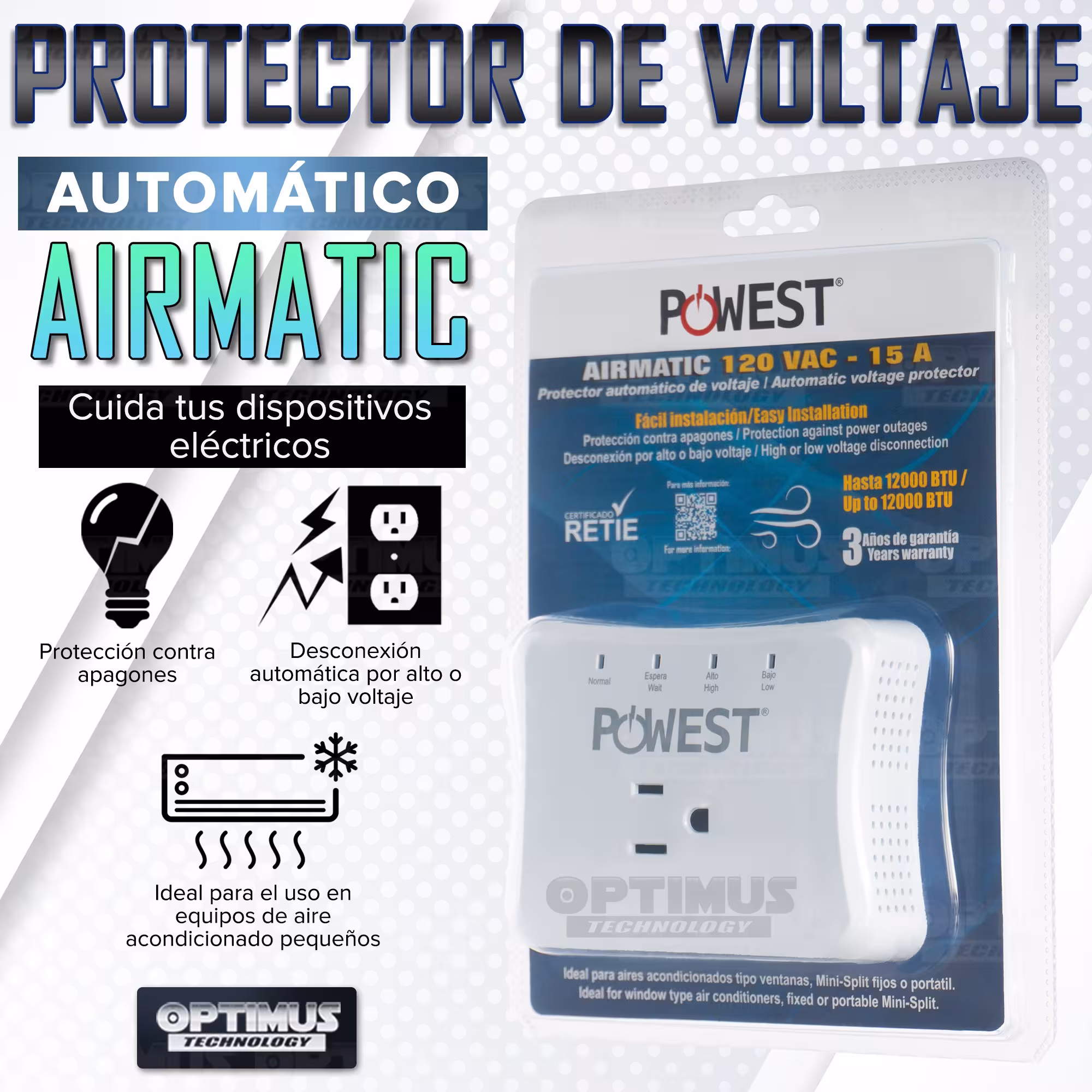 Protector regulador voltaje automático Powest Airmatic 120V - 15A Protección contra picos de voltaje equipos aire acondicionado