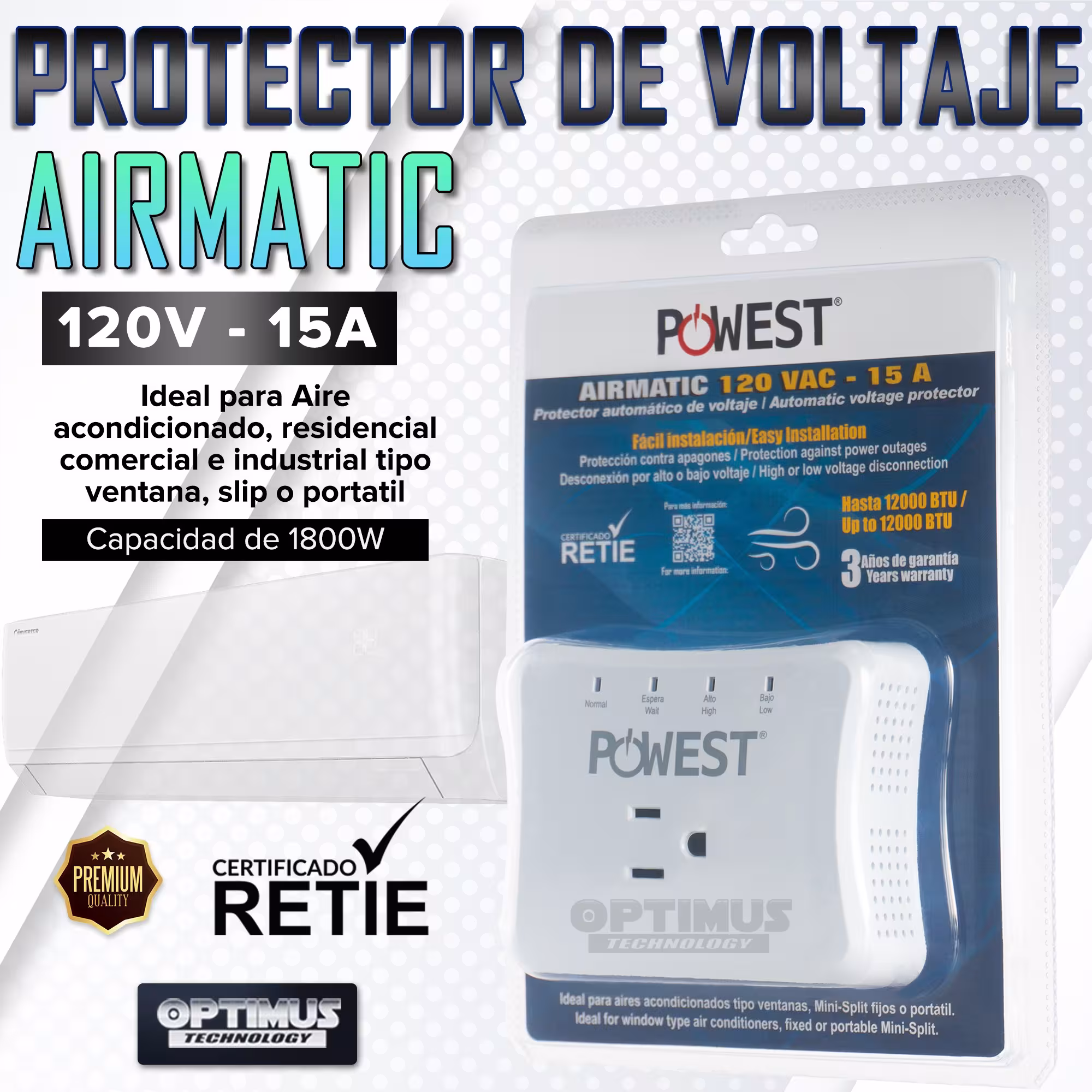 Protector regulador voltaje automático Powest Airmatic 120V - 15A Protección contra picos de voltaje equipos aire acondicionado