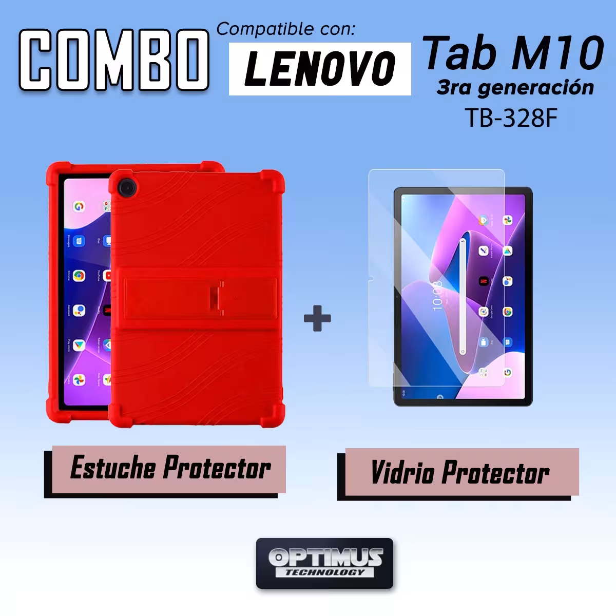 Kit Vidrio templado y Estuche Protector antigolpes con soporte para Tablet Lenovo M10HD 3rd Generacion TB-328 2022 10.1 Pulgadas