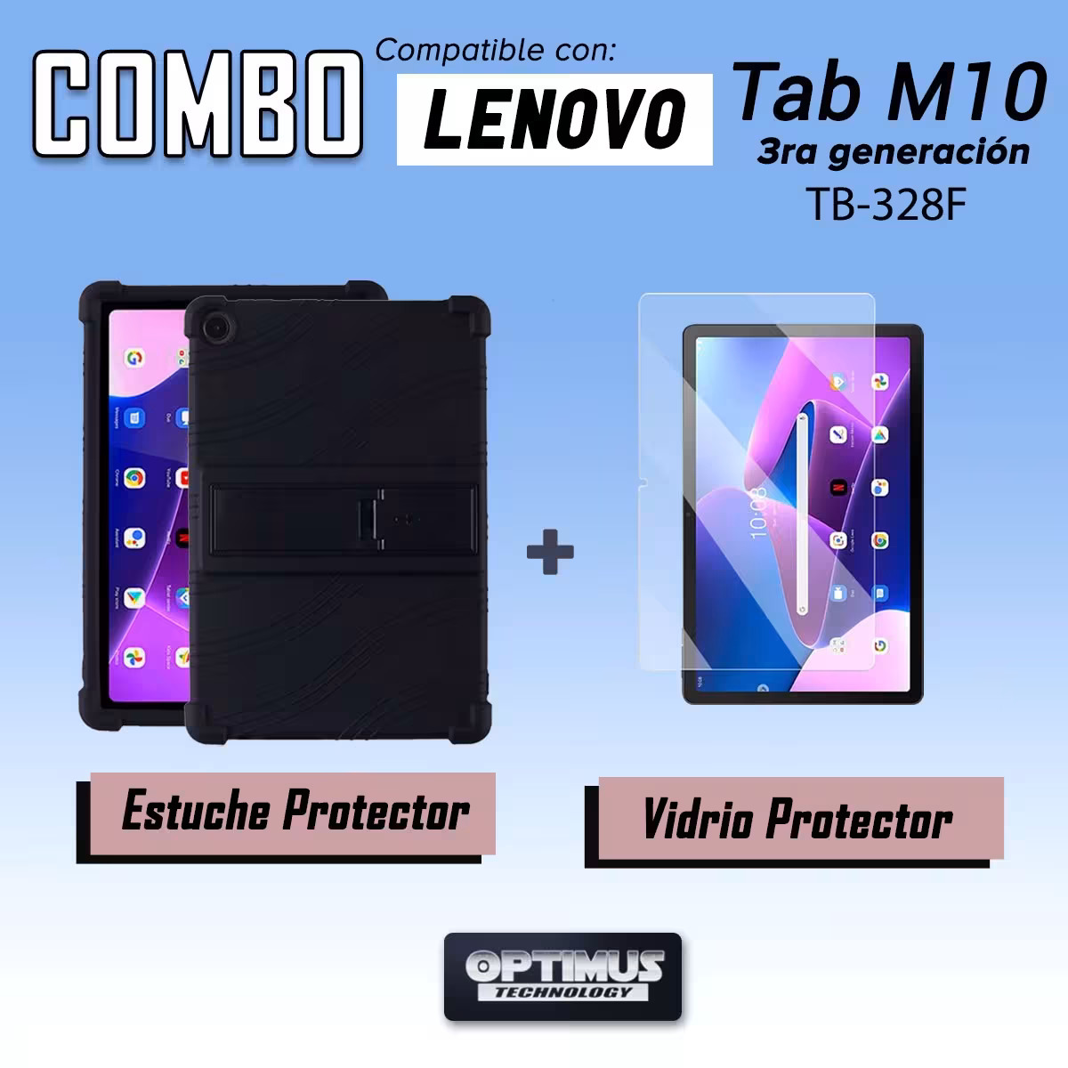 Kit Vidrio templado y Estuche Protector antigolpes con soporte para Tablet Lenovo M10HD 3rd Generacion TB-328 2022 10.1 Pulgadas