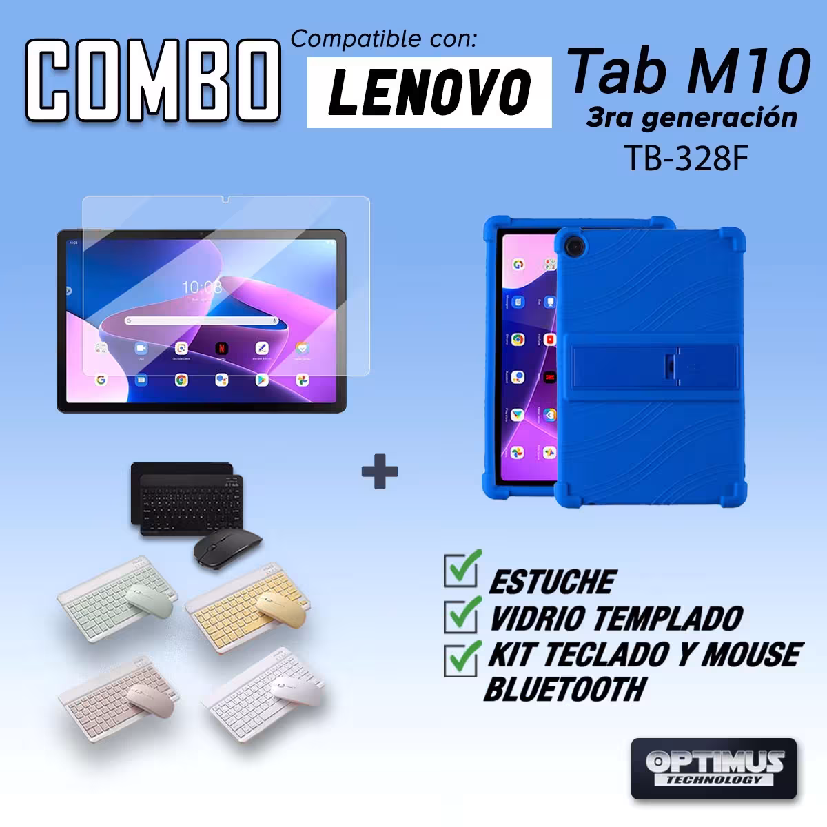 Kit Vidrio templado + Estuche Protector Goma + Teclado Bluetooth Tablet Lenovo M10HD 3rd Generacion TB-328 2022 10.1 Pulgadas