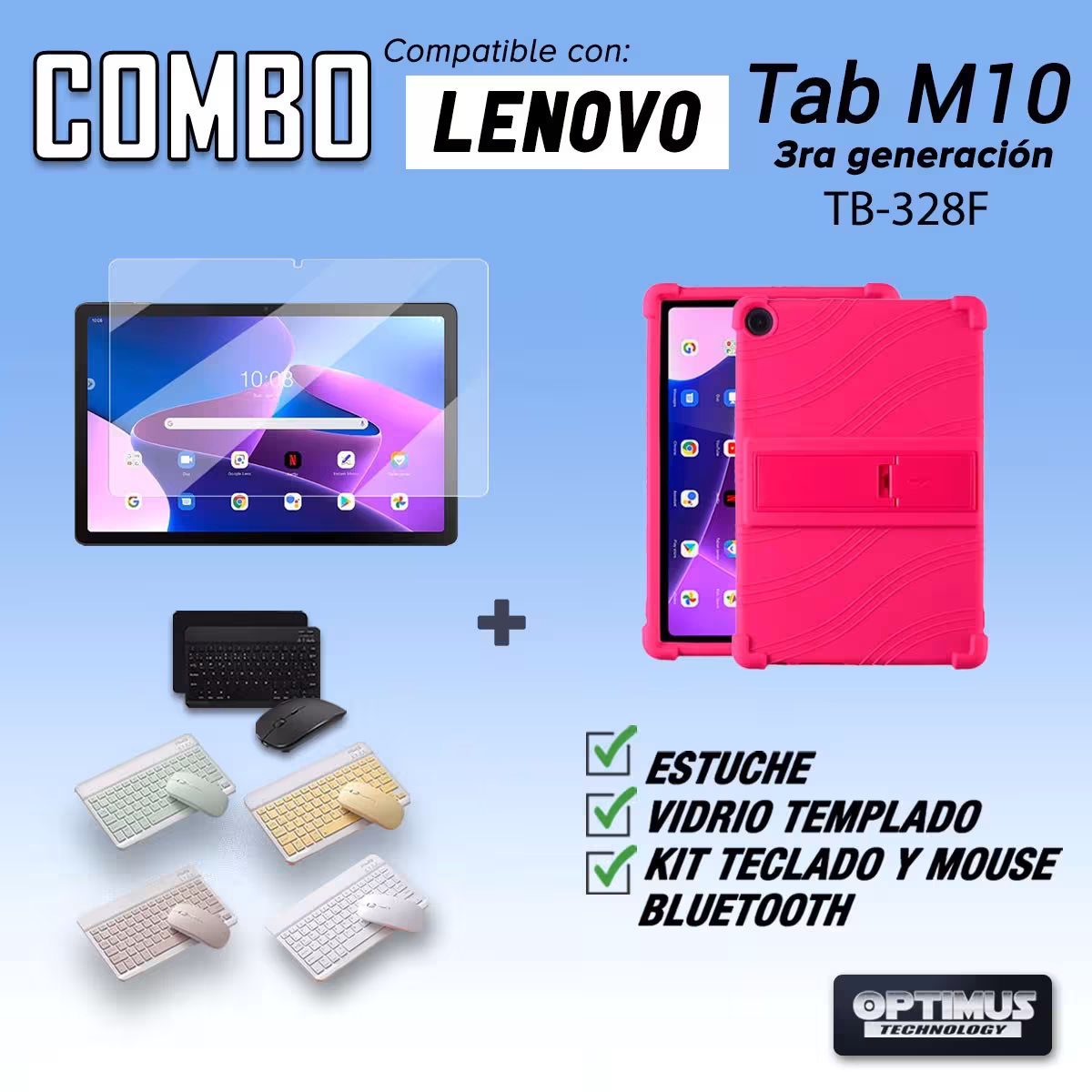 Kit Vidrio templado + Estuche Protector Goma + Teclado Bluetooth Tablet Lenovo M10HD 3rd Generacion TB-328 2022 10.1 Pulgadas