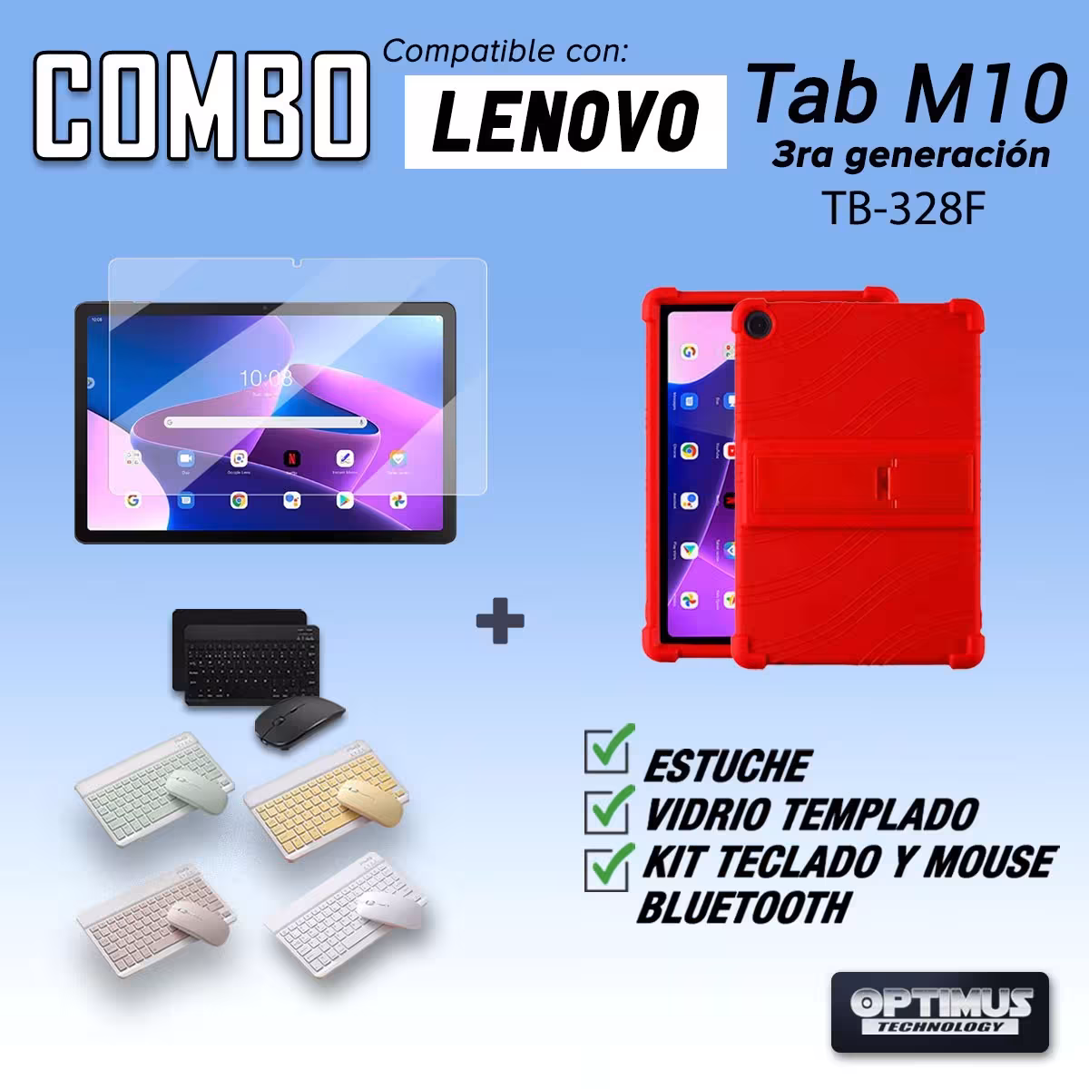 Kit Vidrio templado + Estuche Protector Goma + Teclado Bluetooth Tablet Lenovo M10HD 3rd Generacion TB-328 2022 10.1 Pulgadas