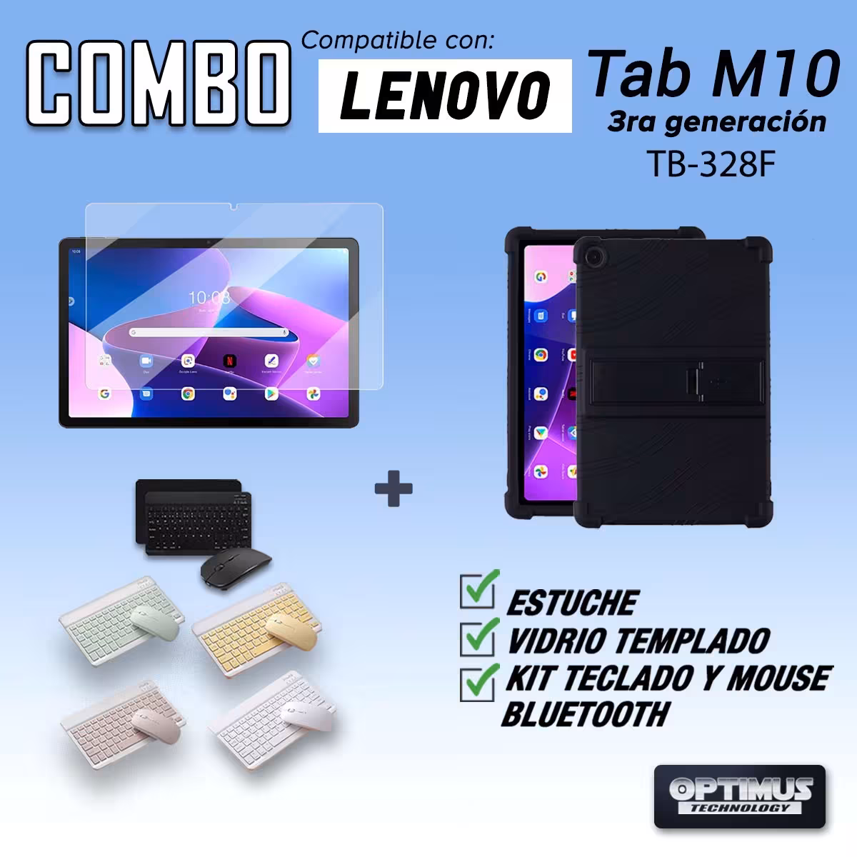 Kit Vidrio templado + Estuche Protector Goma + Teclado Bluetooth Tablet Lenovo M10HD 3rd Generacion TB-328 2022 10.1 Pulgadas