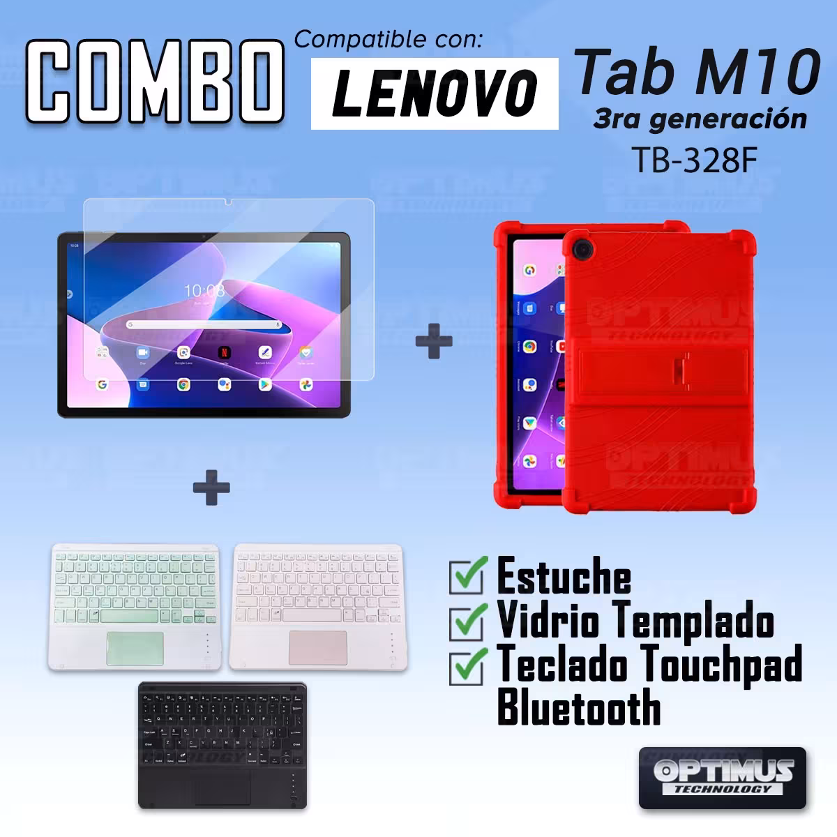 Kit Vidrio templado + Estuche Protector + Teclado Touchpad Bluetooth Tablet Lenovo M10HD 3rd Generacion TB-328 2022 10.1 Pulg