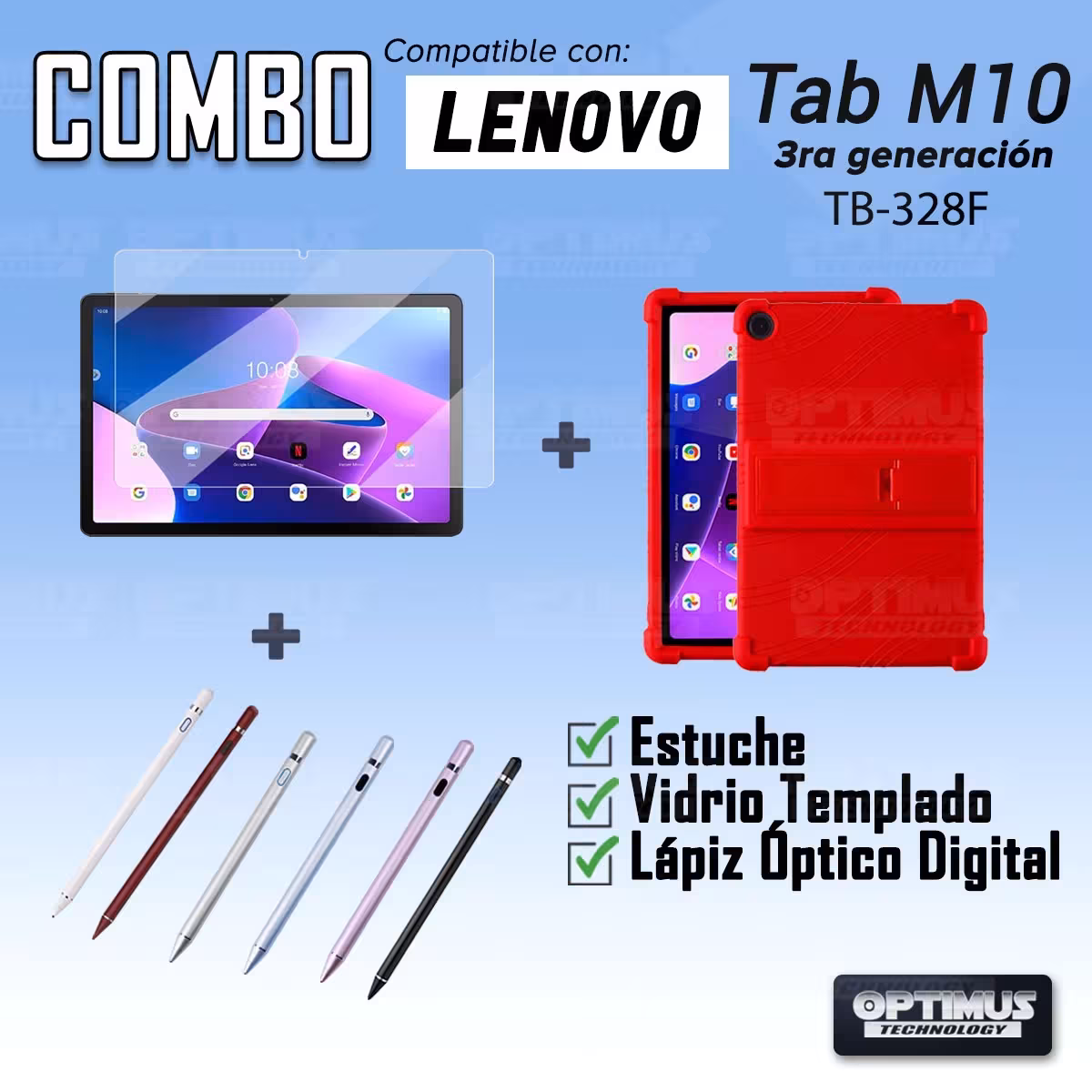 Kit Estuche Protector goma + Vidrio Templado + Lápiz Digital para Tablet Lenovo M10HD 3rd Generacion TB-328 2022 10.1 Pulgadas