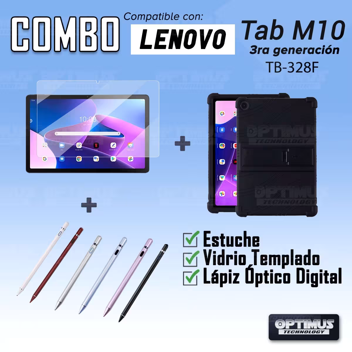 Kit Estuche Protector goma + Vidrio Templado + Lápiz Digital para Tablet Lenovo M10HD 3rd Generacion TB-328 2022 10.1 Pulgadas