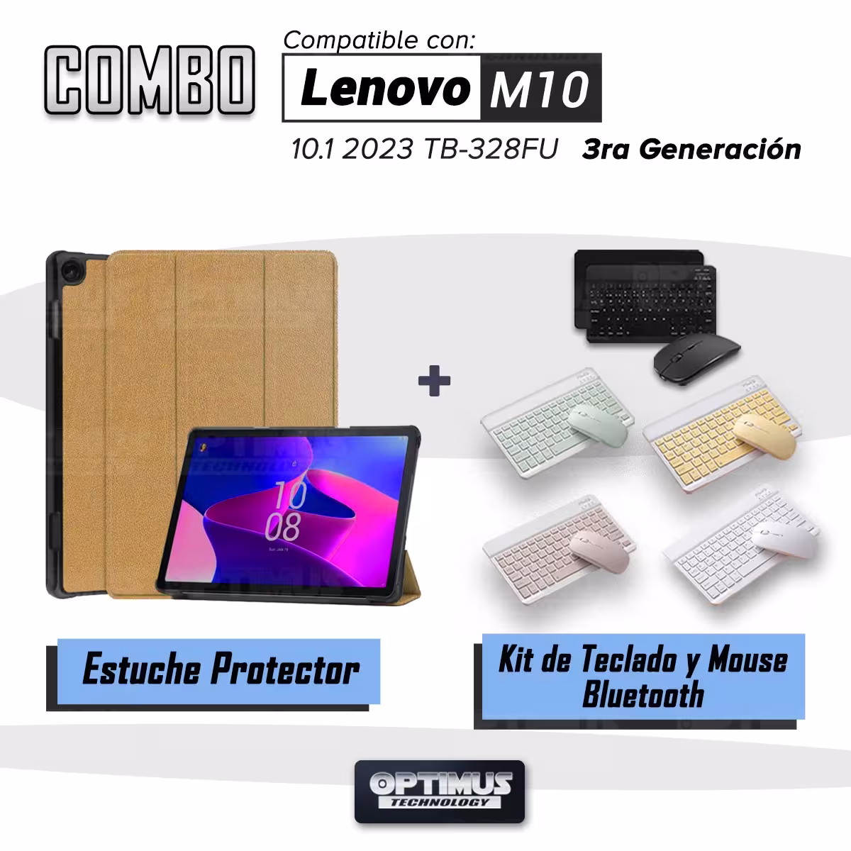 Kit Case Forro Protector + Teclado Mouse Bluetooth para Tablet Lenovo M10 HD 3rd Generacion TB-328 2022 10.1 Pulgadas ZAAF0071CO