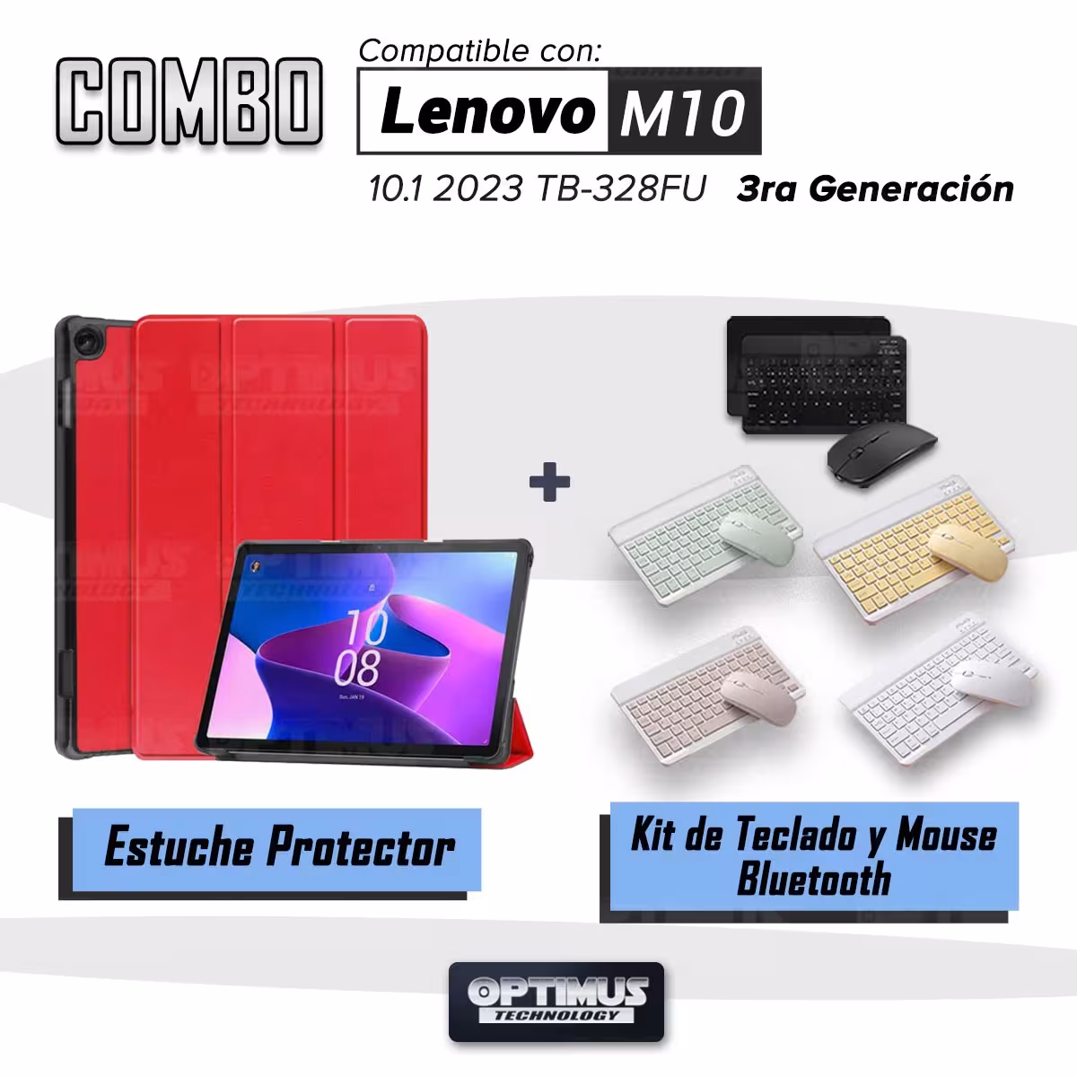 Kit Case Forro Protector + Teclado Mouse Bluetooth para Tablet Lenovo M10 HD 3rd Generacion TB-328 2022 10.1 Pulgadas ZAAF0071CO