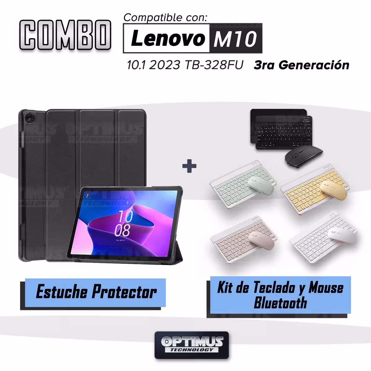 Kit Case Forro Protector + Teclado Mouse Bluetooth para Tablet Lenovo M10 HD 3rd Generacion TB-328 2022 10.1 Pulgadas ZAAF0071CO