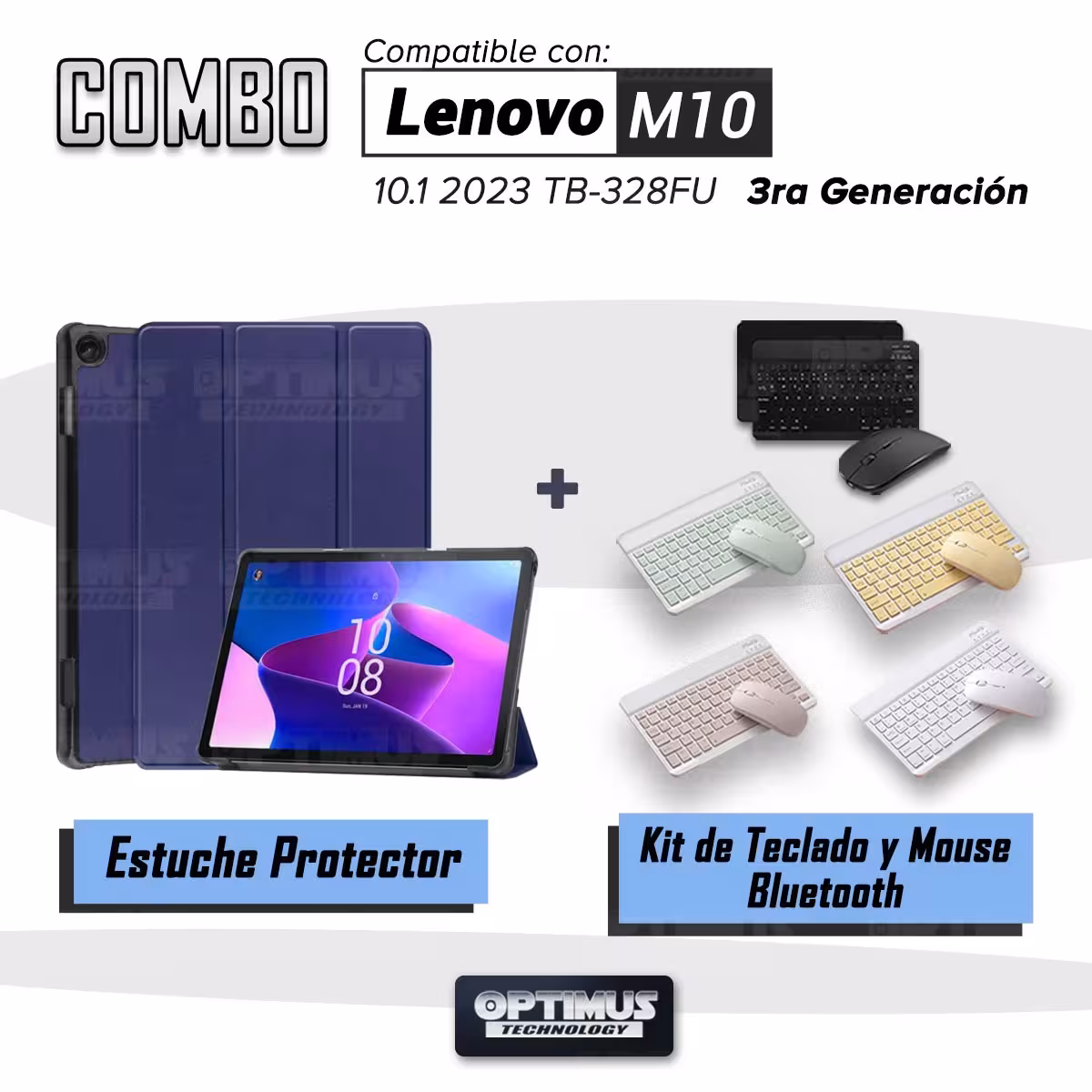 Kit Case Forro Protector + Teclado Mouse Bluetooth para Tablet Lenovo M10 HD 3rd Generacion TB-328 2022 10.1 Pulgadas ZAAF0071CO