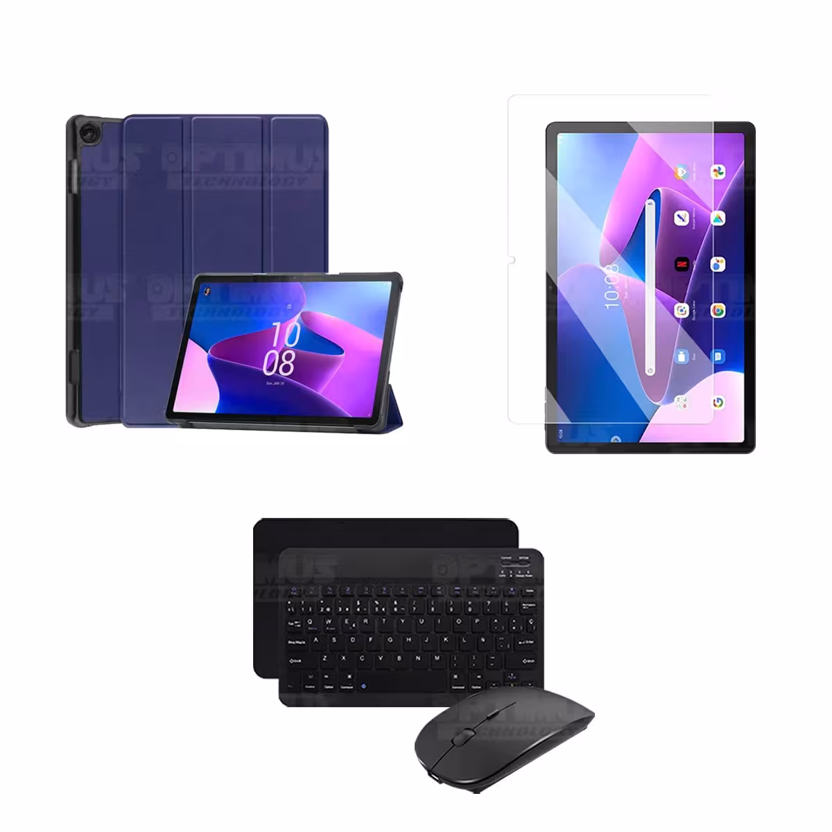 Kit Vidrio templado + Case Protector + Teclado y Mouse Bluetooth Tablet Lenovo M10 HD 3rd Generación TB-328 2022 10.1 Pulgadas
