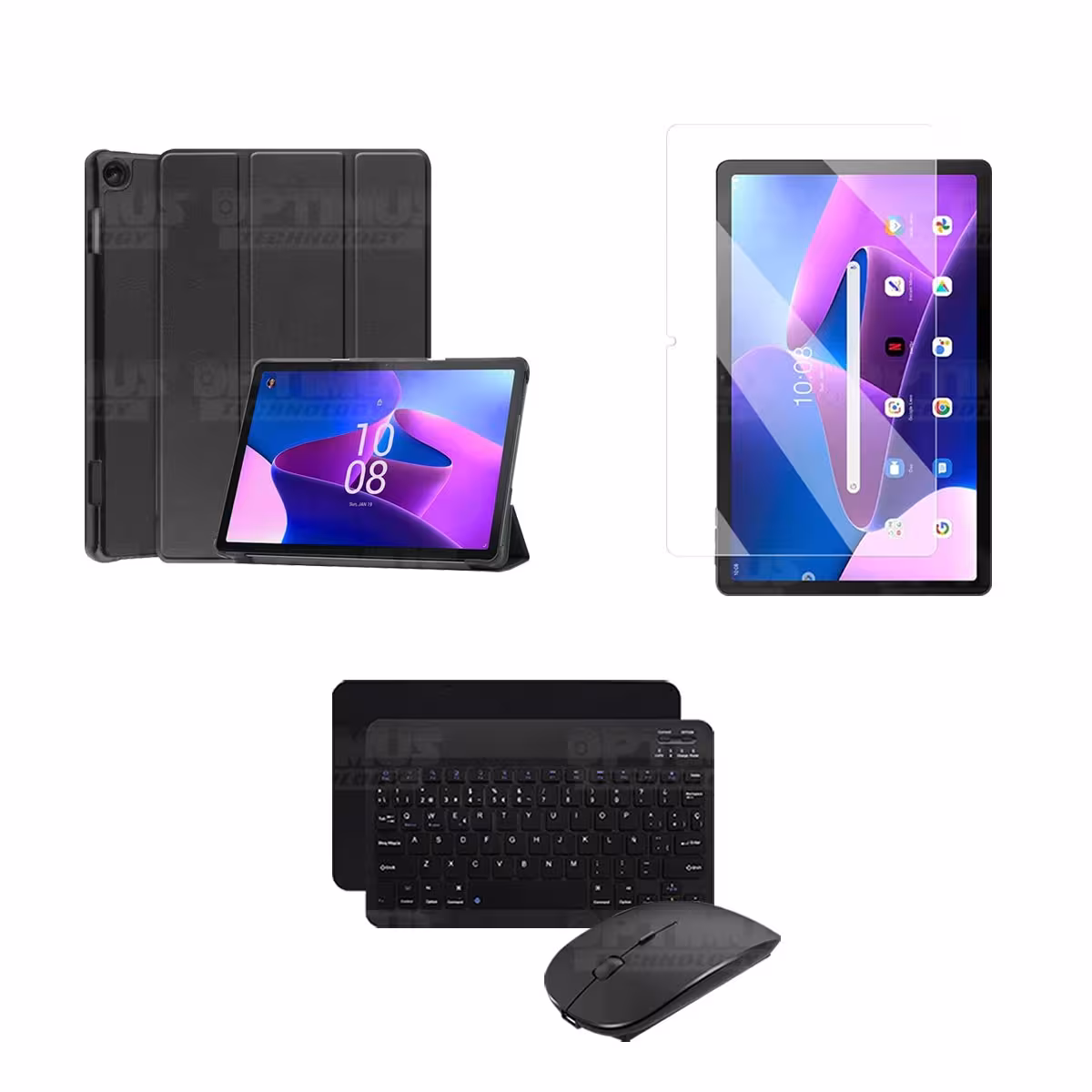 Kit Vidrio templado + Case Protector + Teclado y Mouse Bluetooth Tablet Lenovo M10 HD 3rd Generación TB-328 2022 10.1 Pulgadas