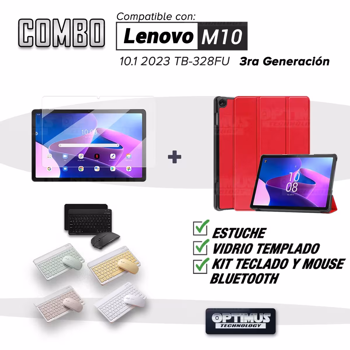 Kit Vidrio templado + Case Protector + Teclado y Mouse Bluetooth Tablet Lenovo M10 HD 3rd Generación TB-328 2022 10.1 Pulgadas