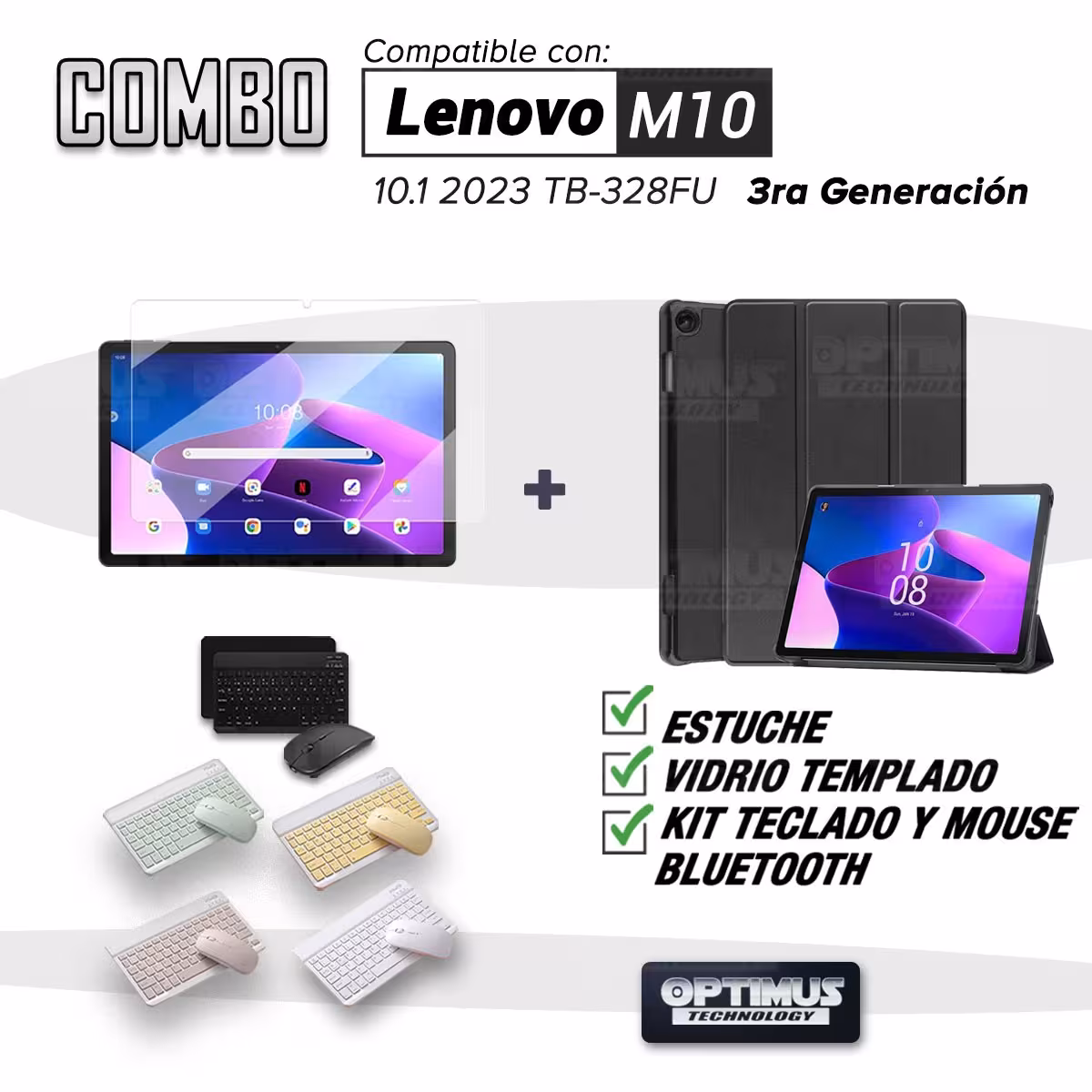 Kit Vidrio templado + Case Protector + Teclado y Mouse Bluetooth Tablet Lenovo M10 HD 3rd Generación TB-328 2022 10.1 Pulgadas