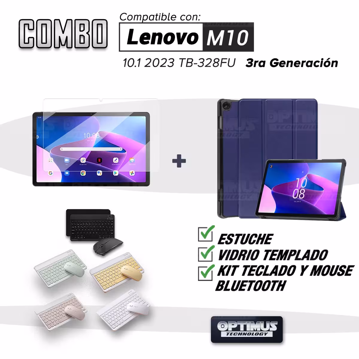Kit Vidrio templado + Case Protector + Teclado y Mouse Bluetooth Tablet Lenovo M10 HD 3rd Generación TB-328 2022 10.1 Pulgadas