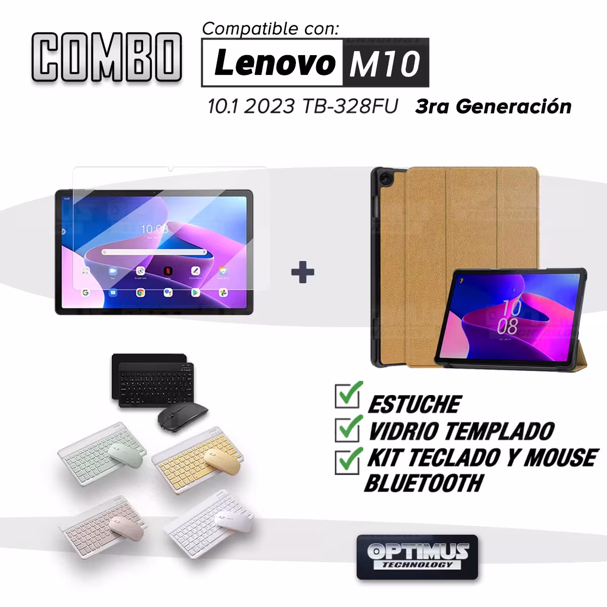 Kit Vidrio templado + Case Protector + Teclado y Mouse Bluetooth Tablet Lenovo M10 HD 3rd Generación TB-328 2022 10.1 Pulgadas