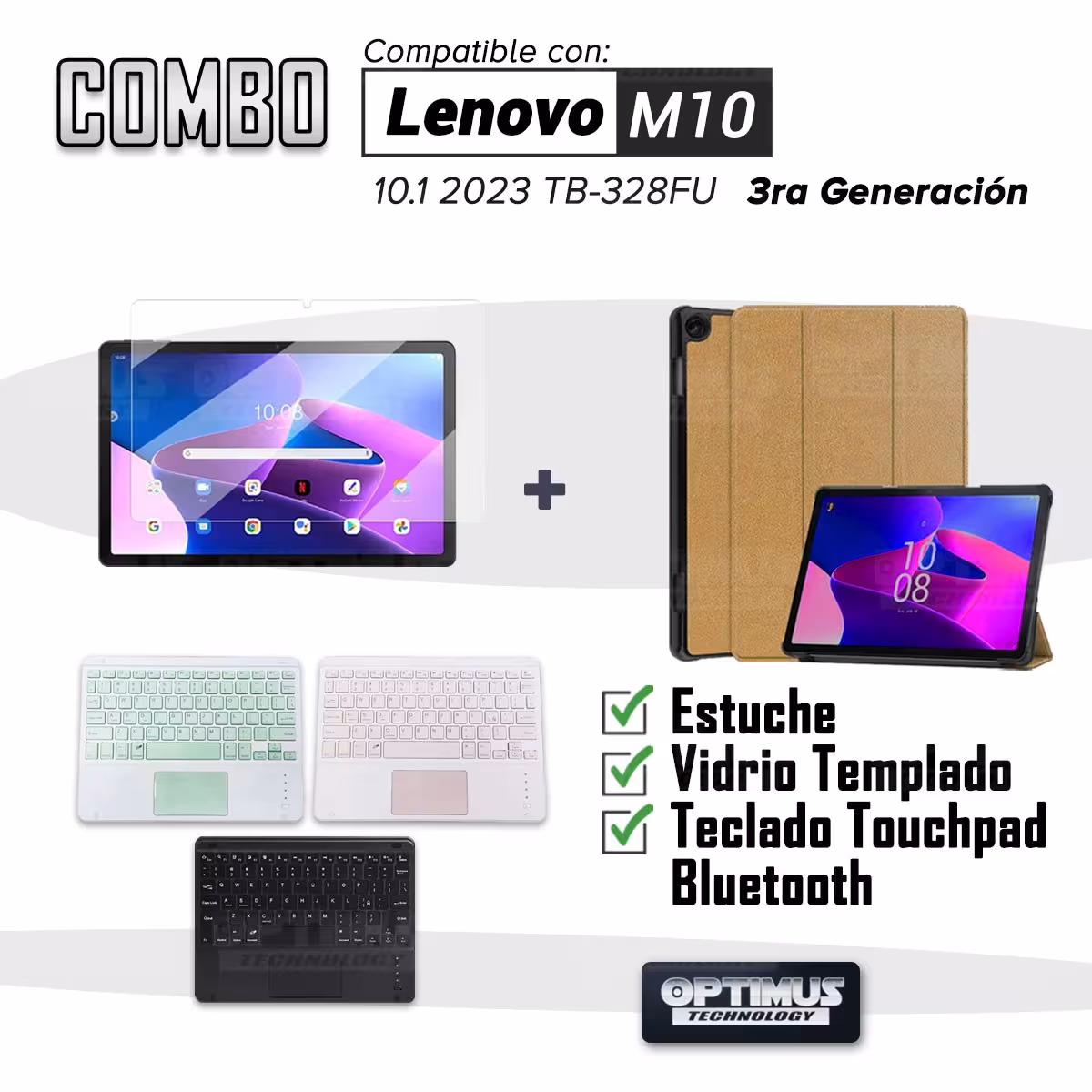 Kit Vidrio templado + Case Protector + Teclado Touchpad Bluetooth Tablet Lenovo M10 HD 3rd Generacion TB-328 2022 10.1 Pulgadas