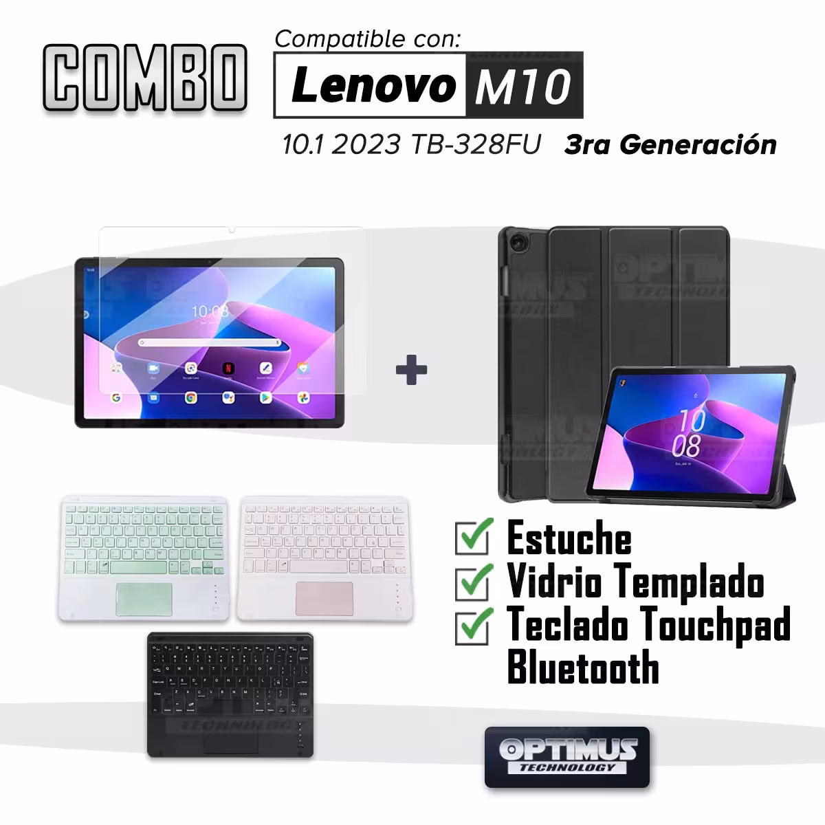 Kit Vidrio templado + Case Protector + Teclado Touchpad Bluetooth Tablet Lenovo M10 HD 3rd Generacion TB-328 2022 10.1 Pulgadas