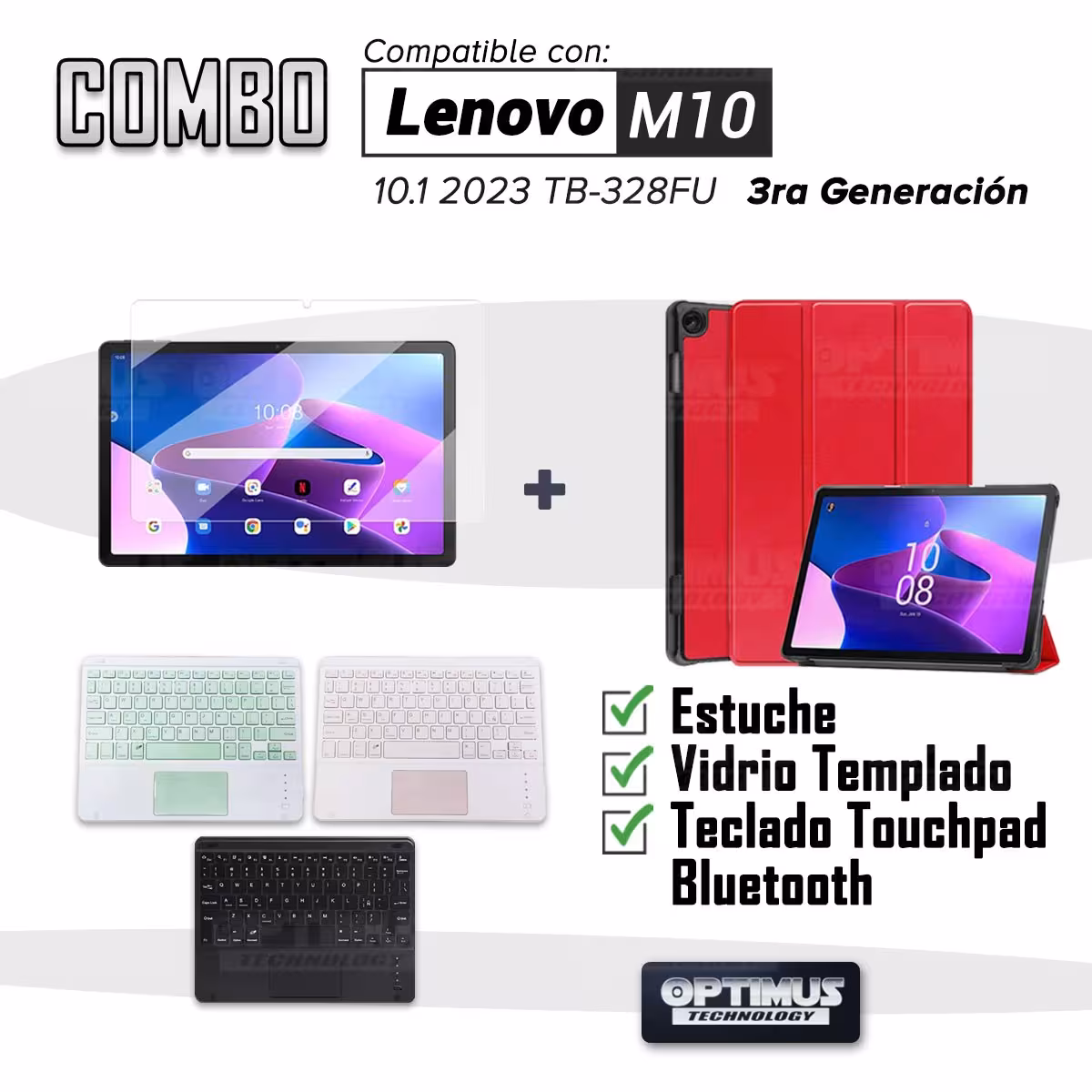 Kit Vidrio templado + Case Protector + Teclado Touchpad Bluetooth Tablet Lenovo M10 HD 3rd Generacion TB-328 2022 10.1 Pulgadas
