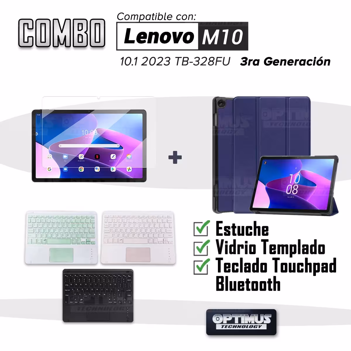 Kit Vidrio templado + Case Protector + Teclado Touchpad Bluetooth Tablet Lenovo M10 HD 3rd Generacion TB-328 2022 10.1 Pulgadas