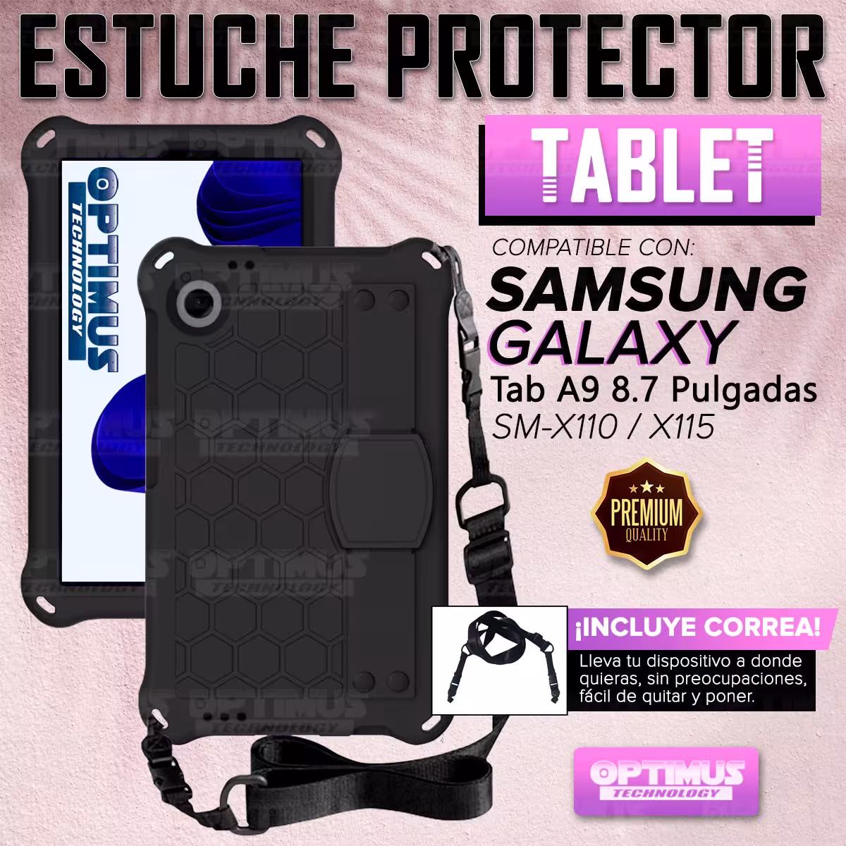 Kit Vidrio Cristal Templado Y Estuche Protector Anti golpes Correa para Tablet Samsung Galaxy Tab A9 8.7 Pulgadas SM-X110 X115