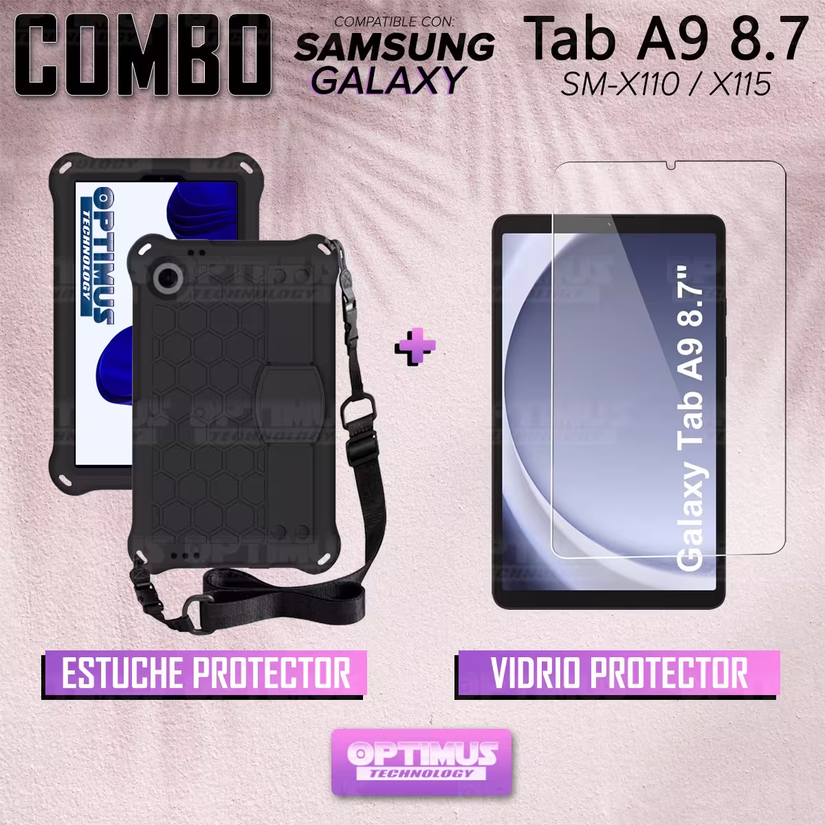 Kit Vidrio Cristal Templado Y Estuche Protector Anti golpes Correa para Tablet Samsung Galaxy Tab A9 8.7 Pulgadas SM-X110 X115