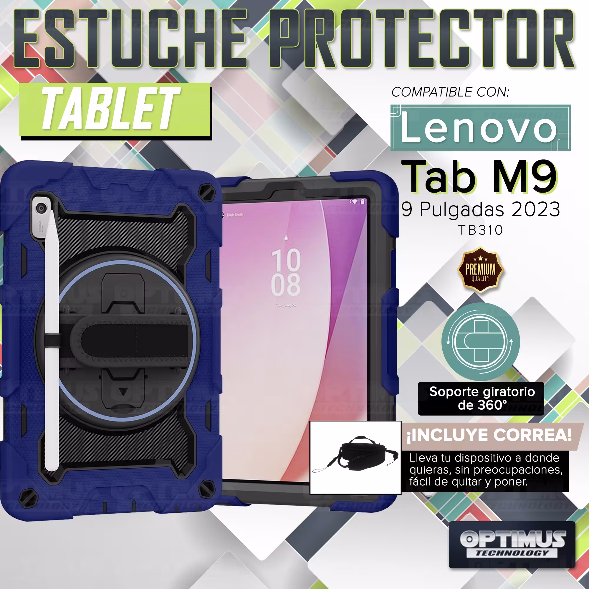 Estuche Protector con Correa y soporte giratorio 360° Tablet Lenovo Tab M9 9 Pulgadas LTE 2023 TB310FU / TB-310XU Anti golpes