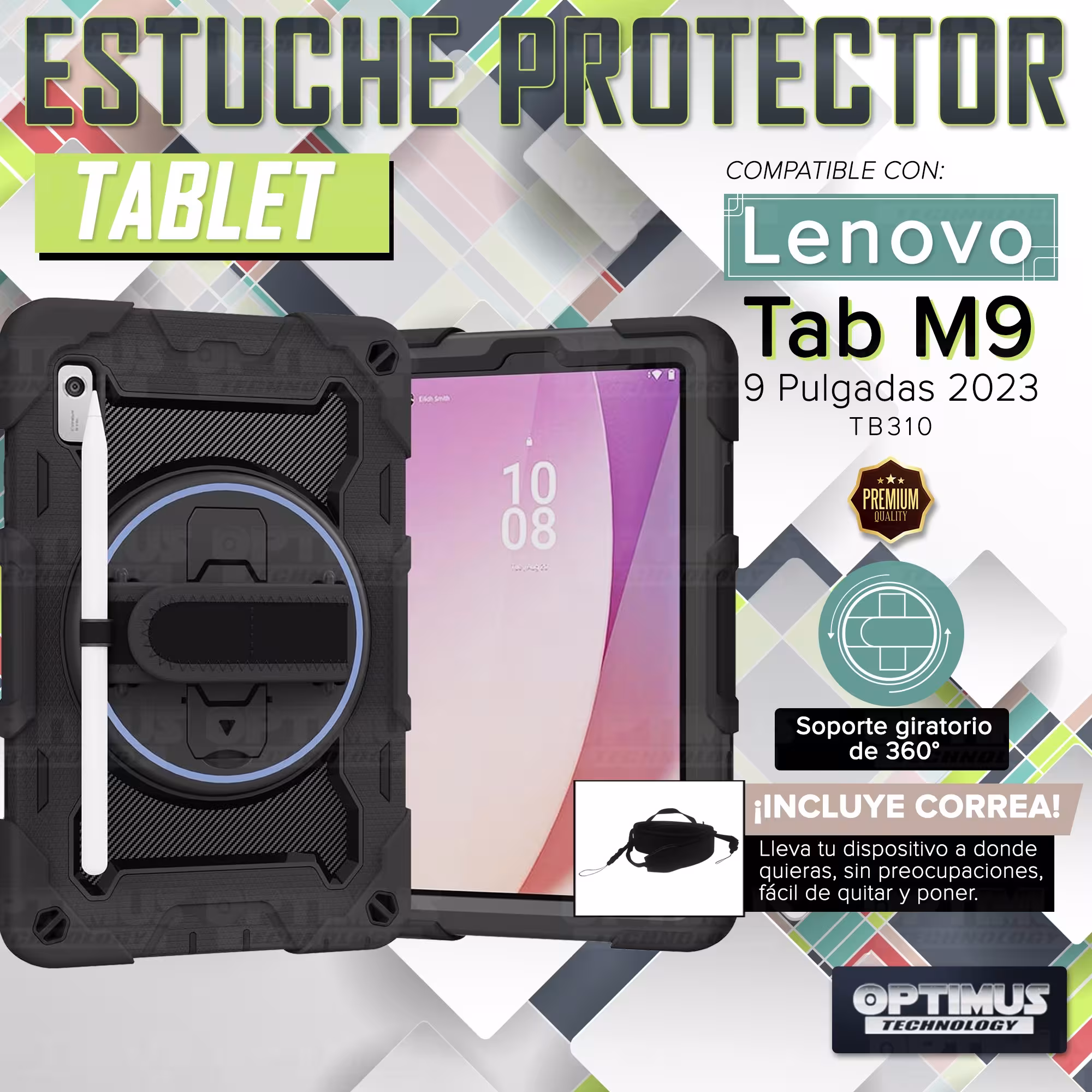 Estuche Protector con Correa y soporte giratorio 360° Tablet Lenovo Tab M9 9 Pulgadas LTE 2023 TB310FU / TB-310XU Anti golpes