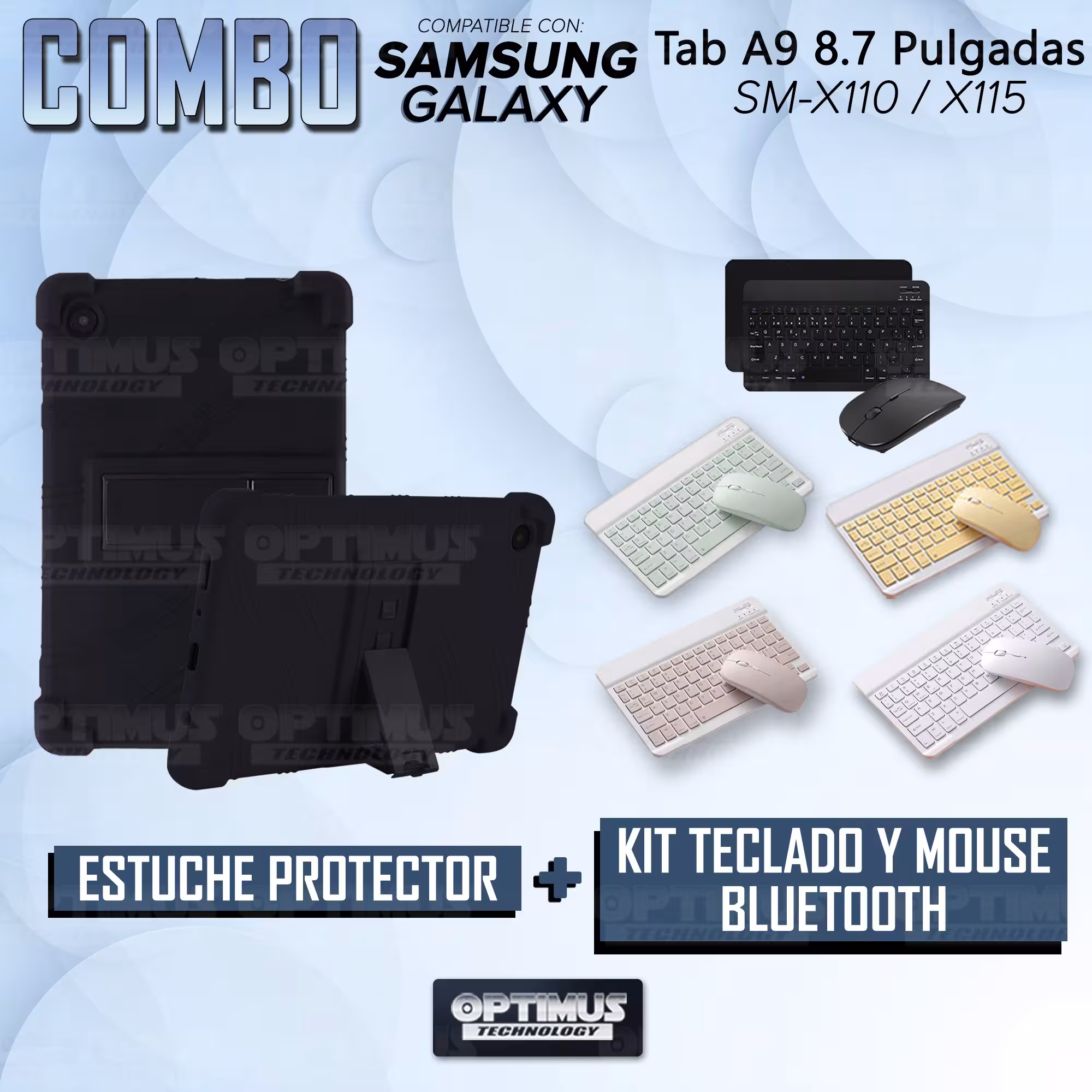 Kit Case Forro Protector Antigolpes + Teclado y Mouse Bluetooth para Tablet Samsung Galaxy Tab A9 8.7 Pulgadas SM-X110 / X115