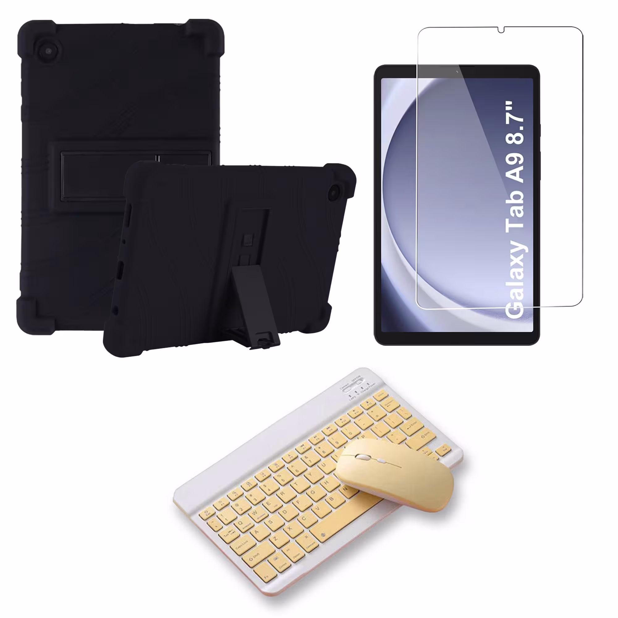Kit Vidrio templado + Estuche Protector Goma + Teclado Bluetooth Tablet Samsung Galaxy Tab A9 8.7 Pulgadas SM-X110 / X115