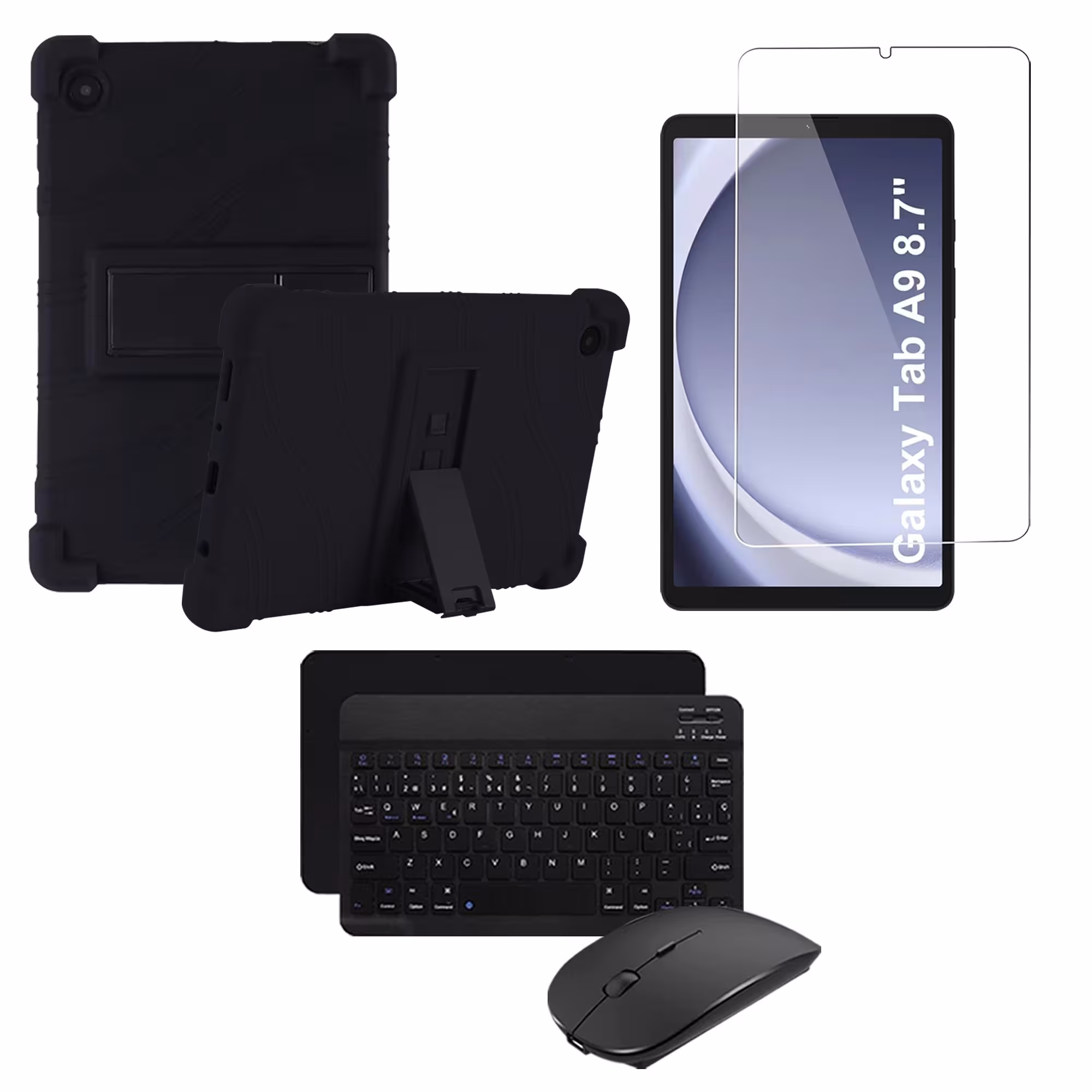 Kit Vidrio templado + Estuche Protector Goma + Teclado Bluetooth Tablet Samsung Galaxy Tab A9 8.7 Pulgadas SM-X110 / X115