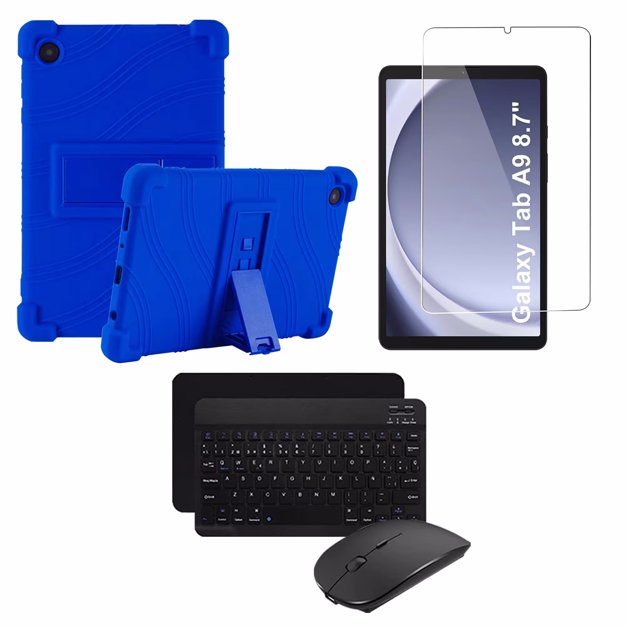 Kit Vidrio templado + Estuche Protector Goma + Teclado Bluetooth Tablet Samsung Galaxy Tab A9 8.7 Pulgadas SM-X110 / X115