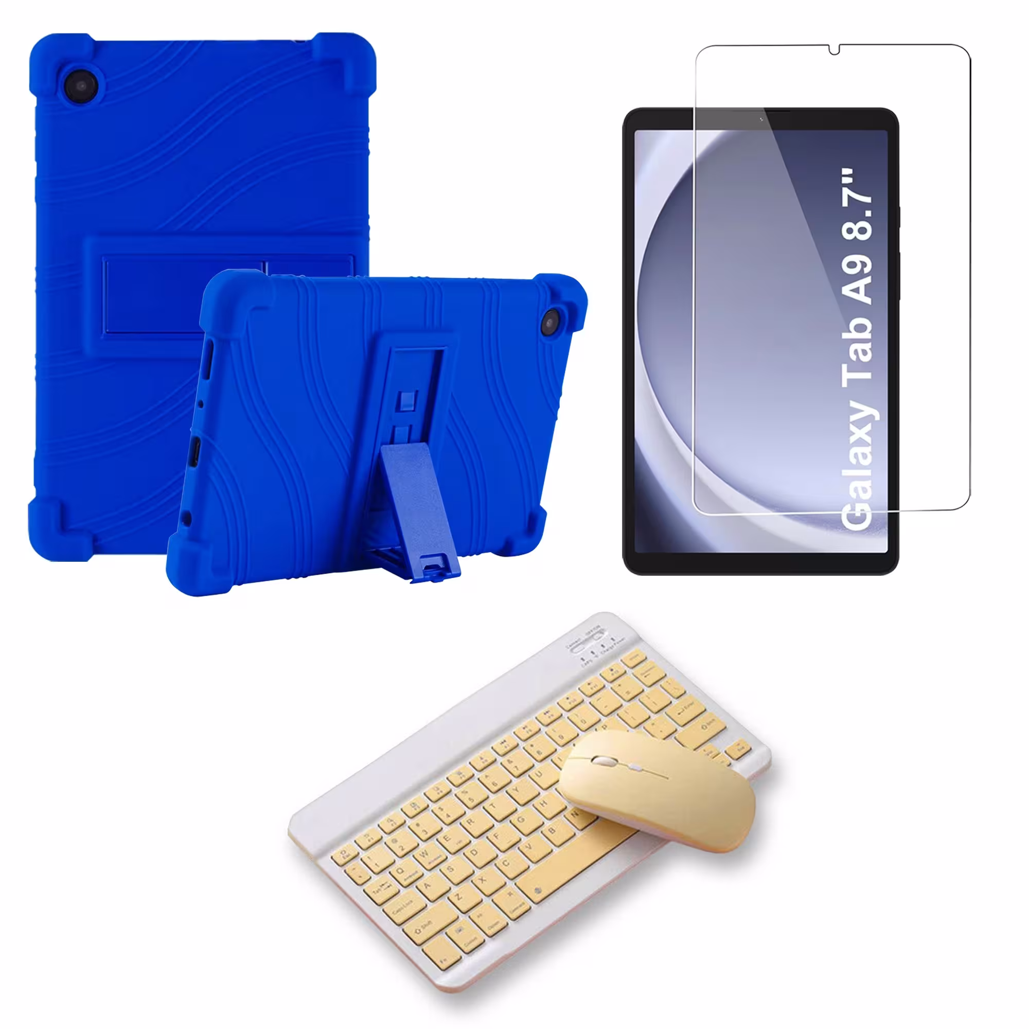 Kit Vidrio templado + Estuche Protector Goma + Teclado Bluetooth Tablet Samsung Galaxy Tab A9 8.7 Pulgadas SM-X110 / X115
