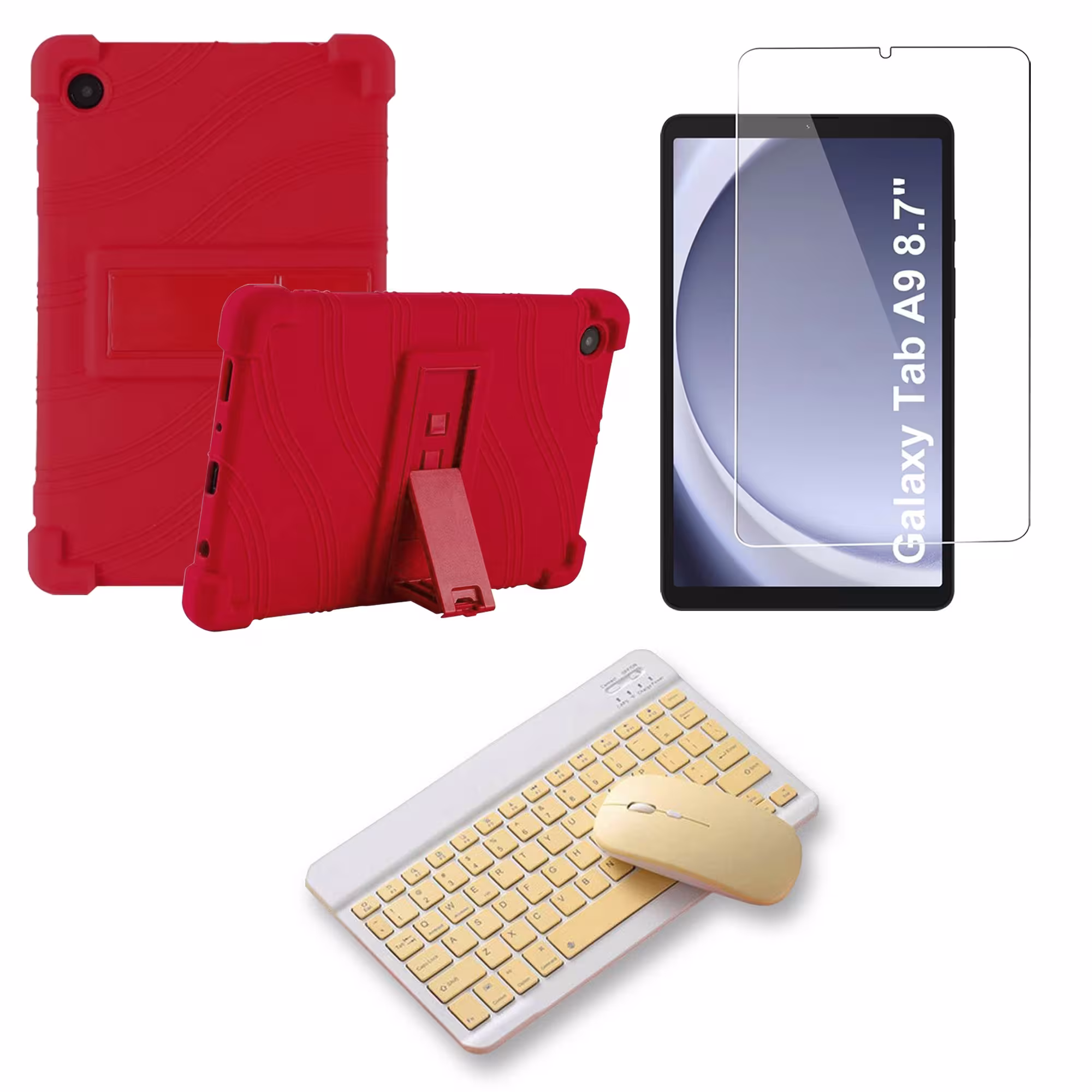Kit Vidrio templado + Estuche Protector Goma + Teclado Bluetooth Tablet Samsung Galaxy Tab A9 8.7 Pulgadas SM-X110 / X115