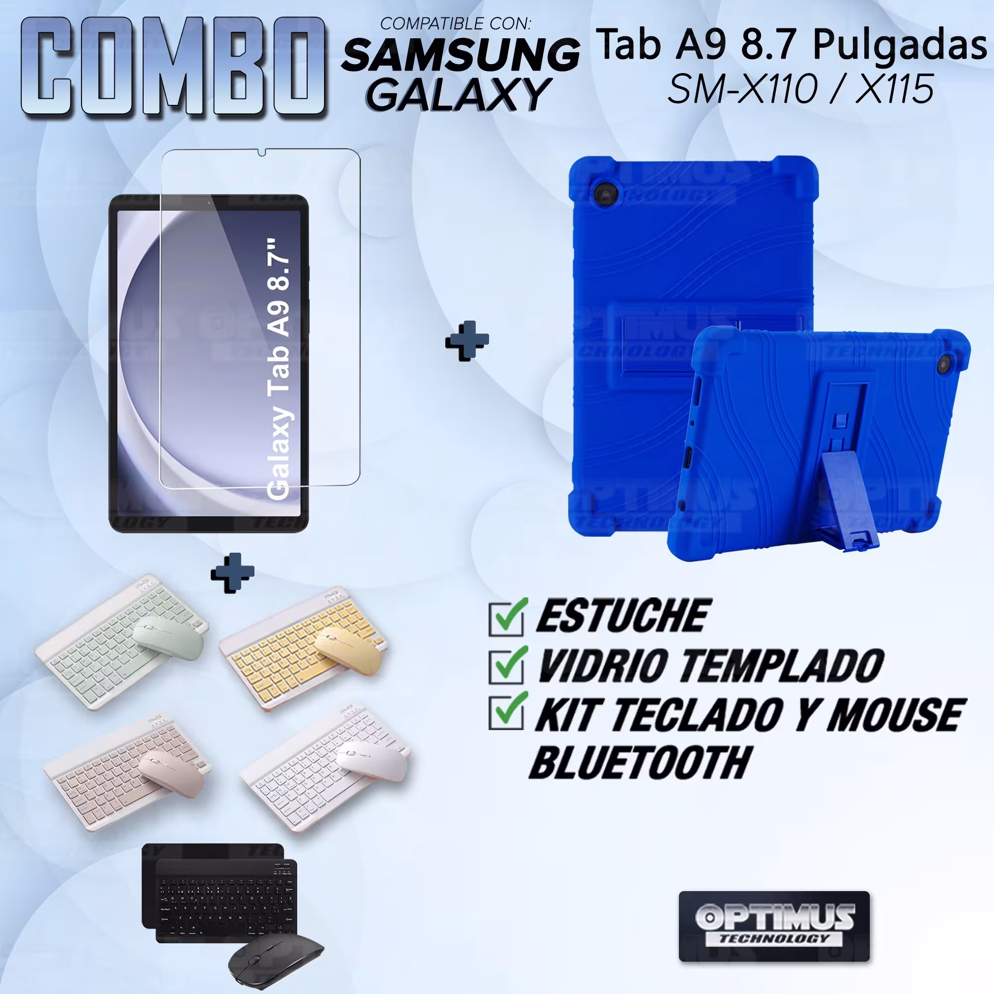 Kit Vidrio templado + Estuche Protector Goma + Teclado Bluetooth Tablet Samsung Galaxy Tab A9 8.7 Pulgadas SM-X110 / X115