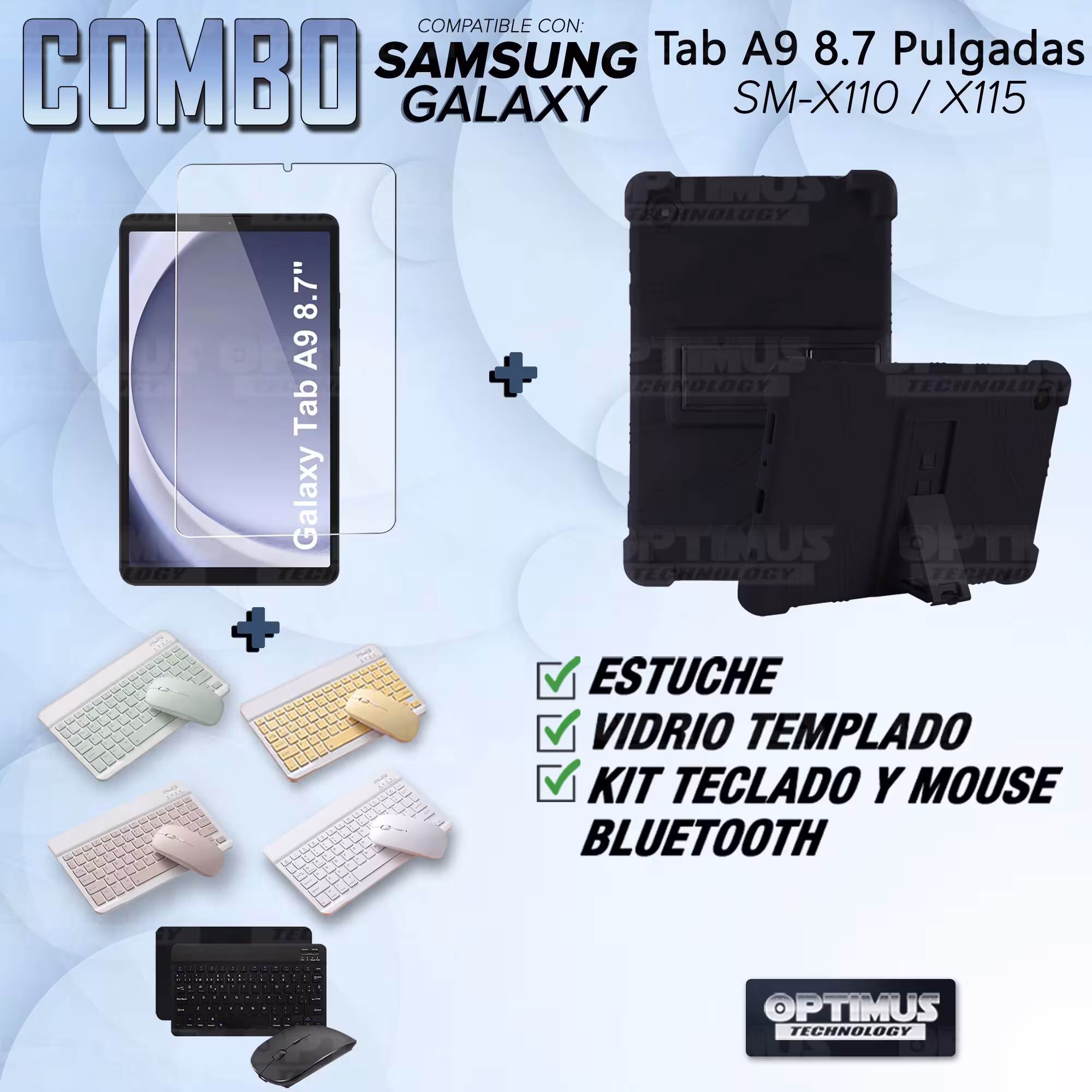 Kit Vidrio templado + Estuche Protector Goma + Teclado Bluetooth Tablet Samsung Galaxy Tab A9 8.7 Pulgadas SM-X110 / X115