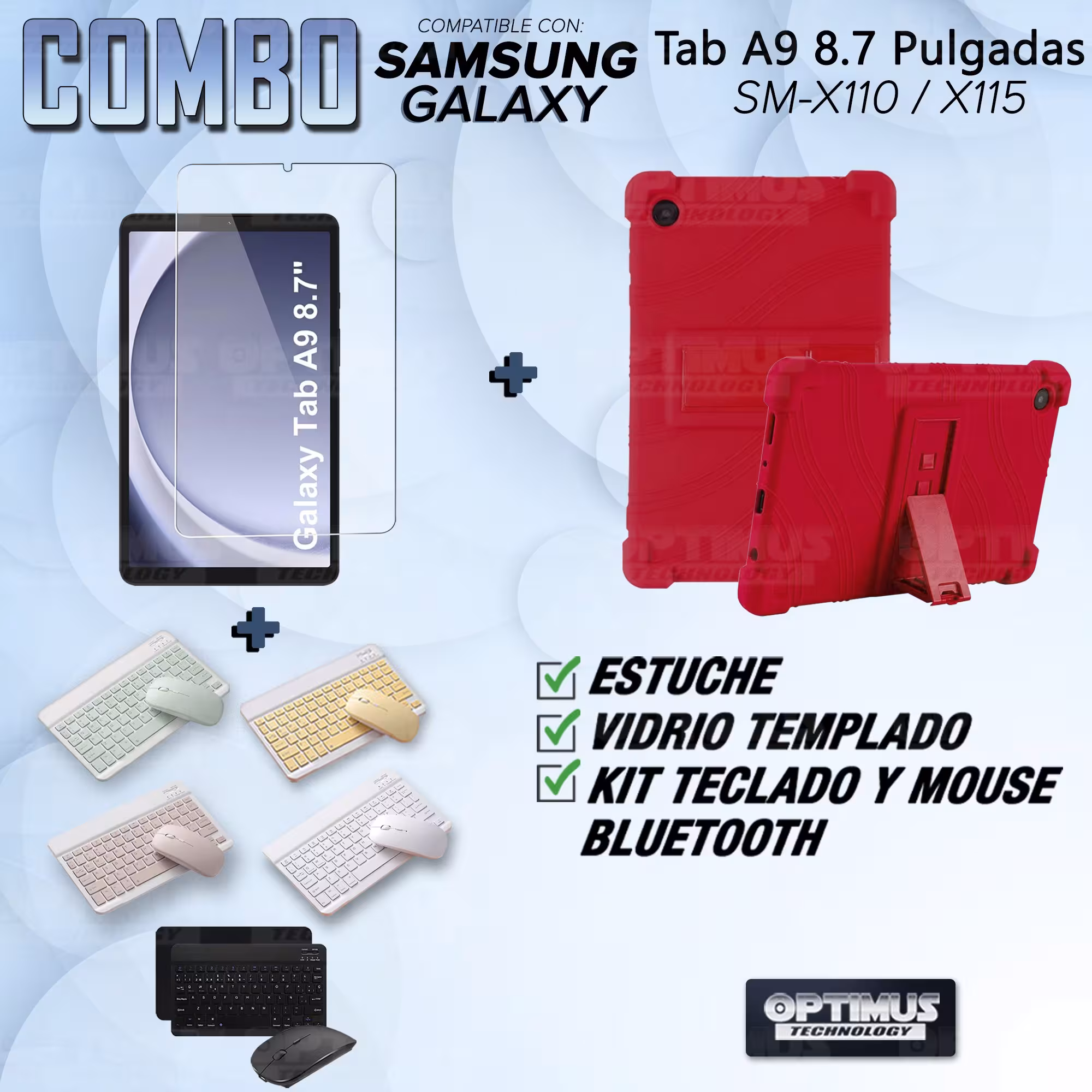 Kit Vidrio templado + Estuche Protector Goma + Teclado Bluetooth Tablet Samsung Galaxy Tab A9 8.7 Pulgadas SM-X110 / X115