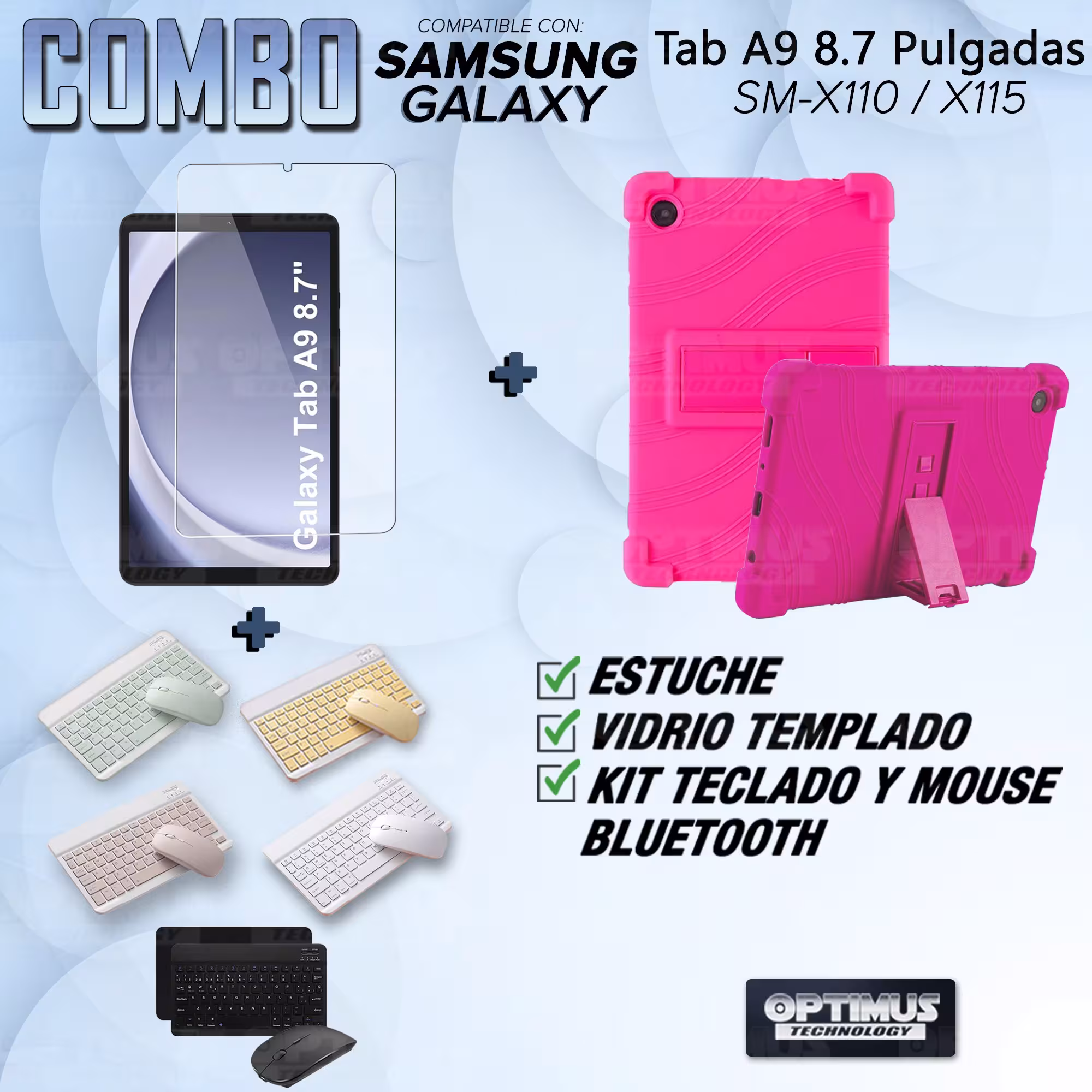 Kit Vidrio templado + Estuche Protector Goma + Teclado Bluetooth Tablet Samsung Galaxy Tab A9 8.7 Pulgadas SM-X110 / X115