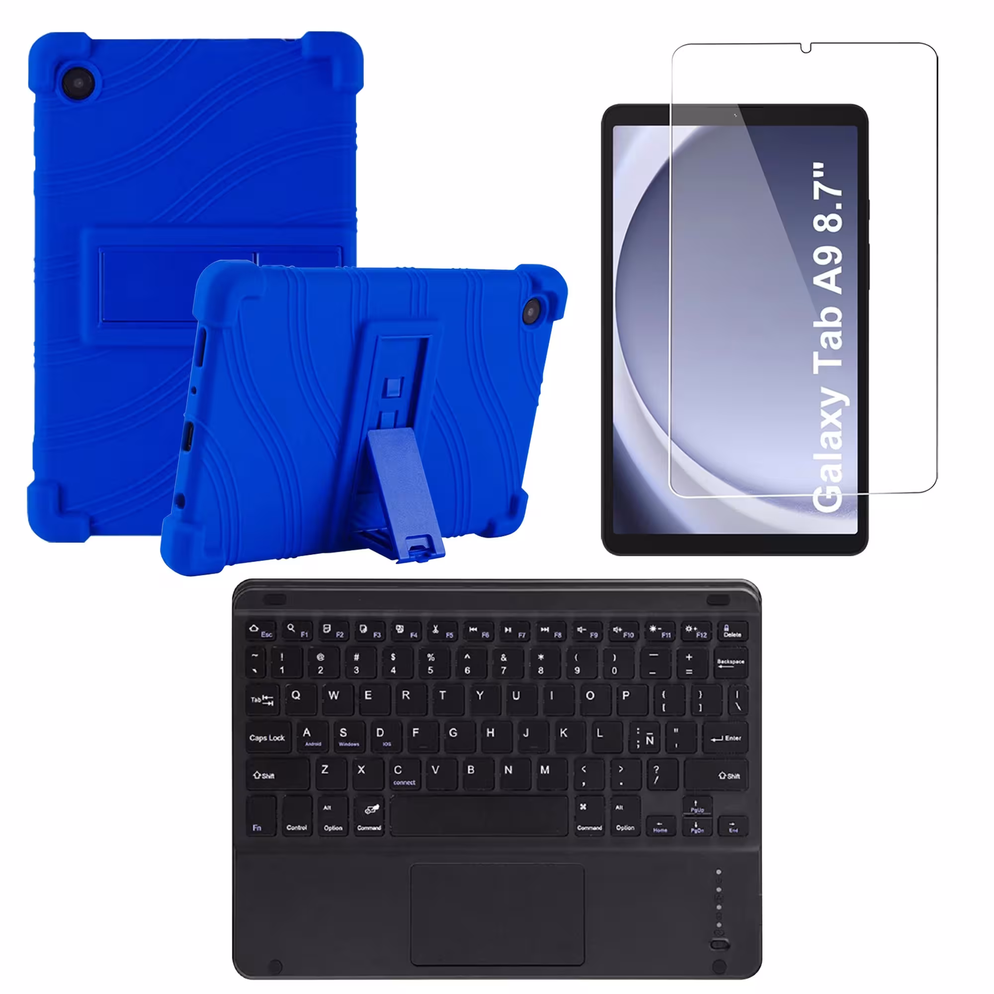 Kit Vidrio templado + Estuche Protector + Teclado Touchpad Bluetooth Tablet Samsung Galaxy Tab A9 8.7 Pulgadas SM-X110 / X115