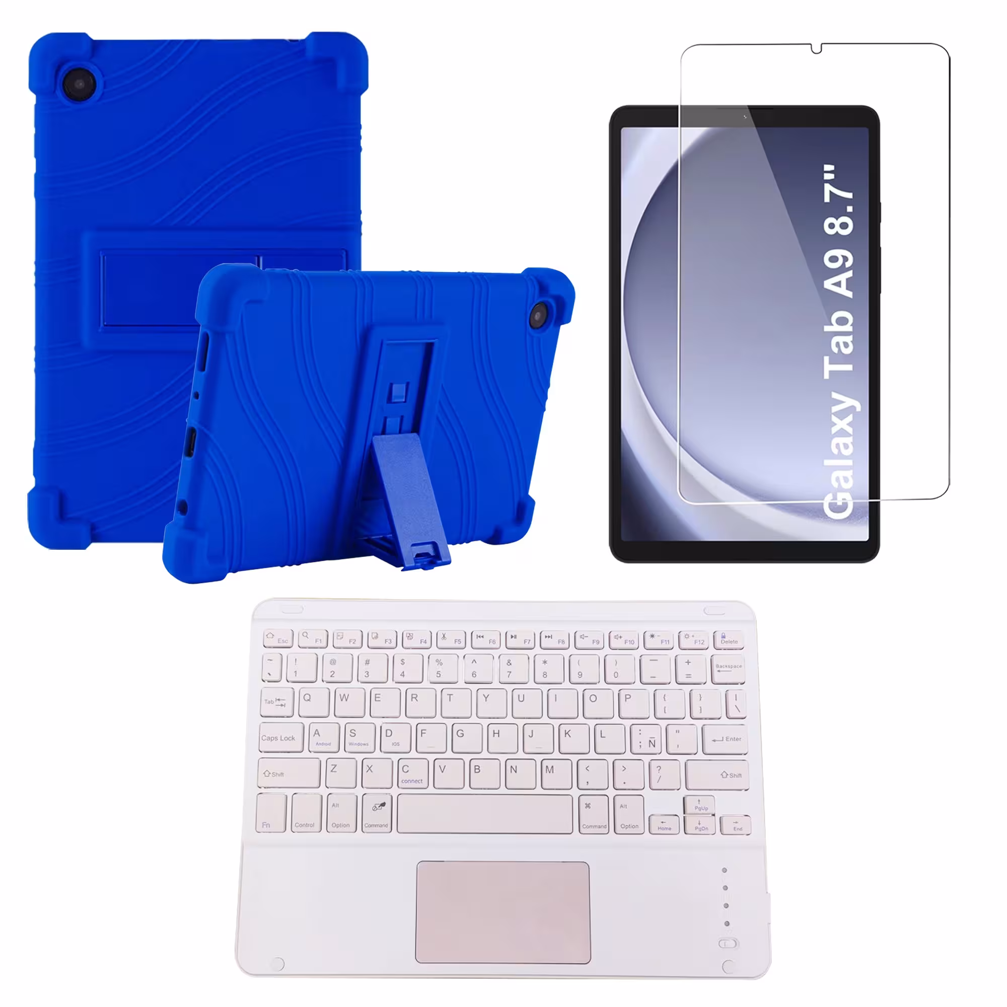 Kit Vidrio templado + Estuche Protector + Teclado Touchpad Bluetooth Tablet Samsung Galaxy Tab A9 8.7 Pulgadas SM-X110 / X115
