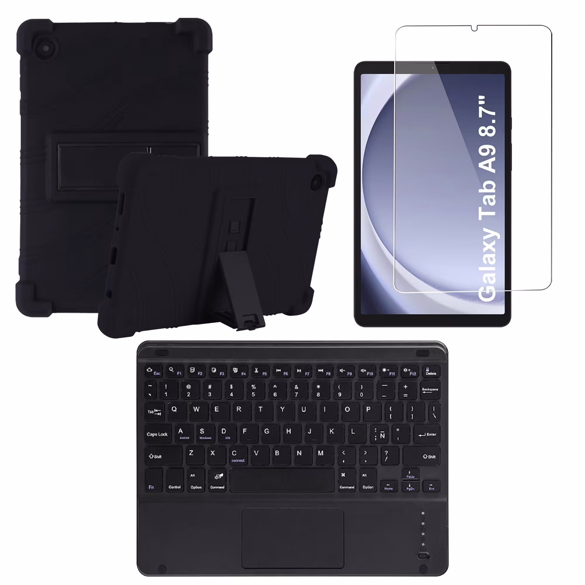 Kit Vidrio templado + Estuche Protector + Teclado Touchpad Bluetooth Tablet Samsung Galaxy Tab A9 8.7 Pulgadas SM-X110 / X115
