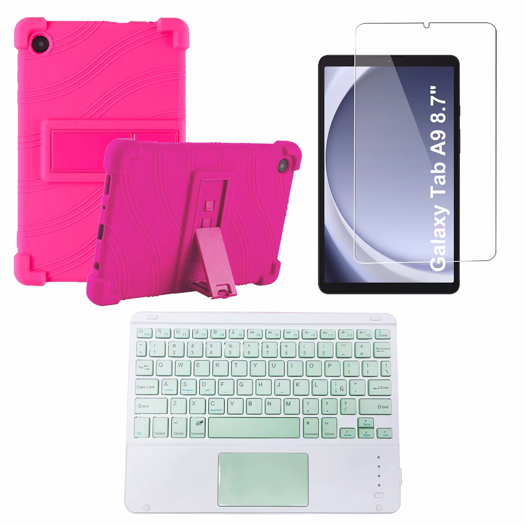Kit Vidrio templado + Estuche Protector + Teclado Touchpad Bluetooth Tablet Samsung Galaxy Tab A9 8.7 Pulgadas SM-X110 / X115